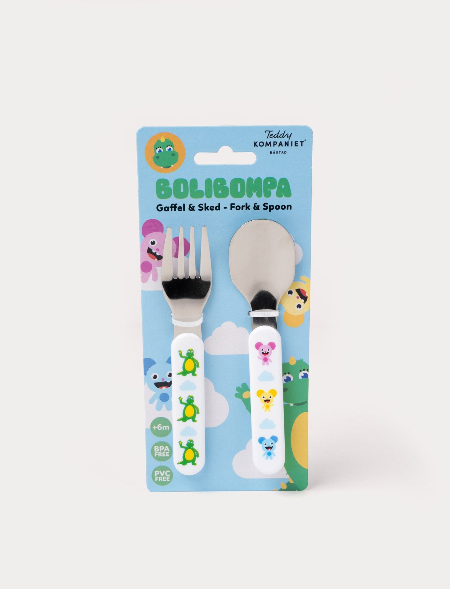 Bolibompa cutlery set with a fork and spoon, featuring ergonomic handles with Bolibompa design