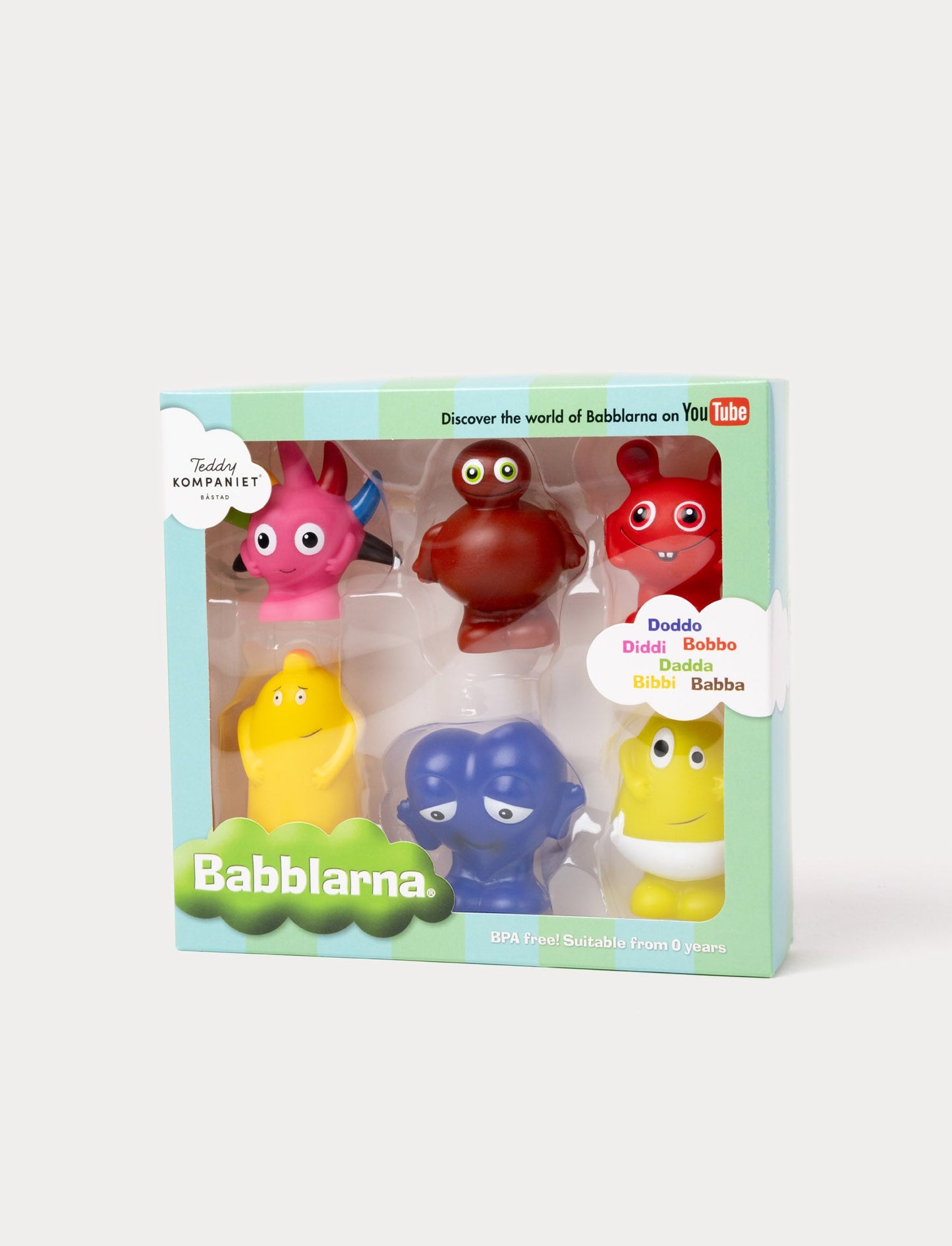 Colorful plastic Babblarna figures including: Bibbi, Bobbo, Dadda, Diddi, and Doddo, with a colorful, playful designs.