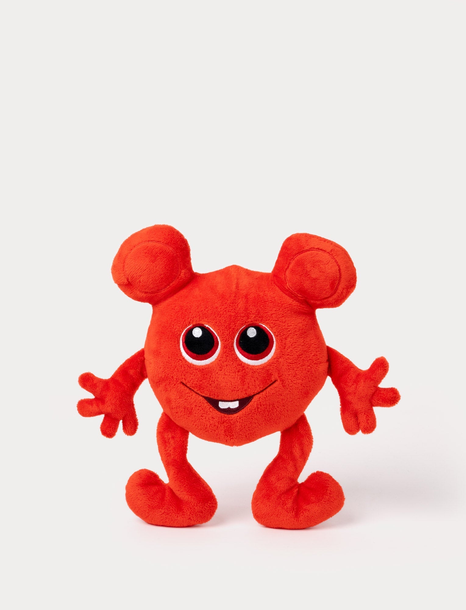  Image of Red plush toy with a round body, large ears, big eyes, and a cheerful embroidered smile with a small tooth.