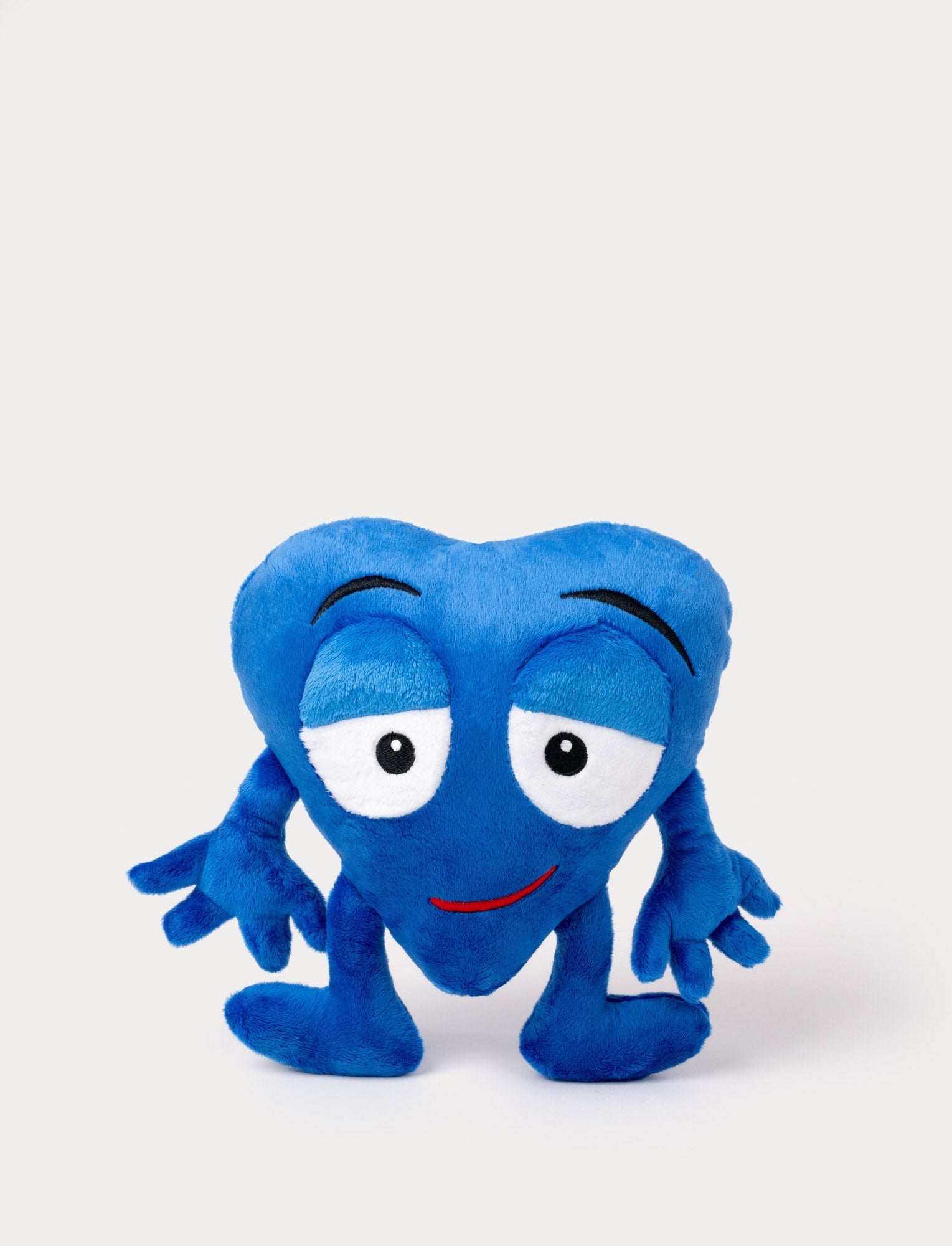  Image of Blue heart-shaped plush toy with droopy eyes and a playful smirk.