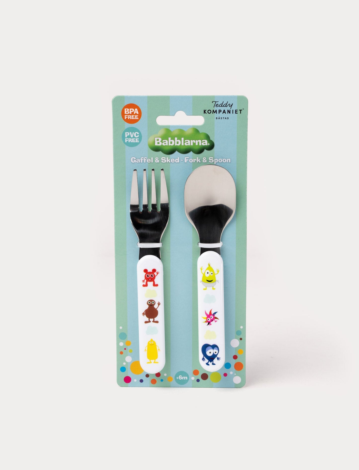 Babblarna cutlery set with a fork and spoon, featuring ergonomic handles and cheerful Babblarna design