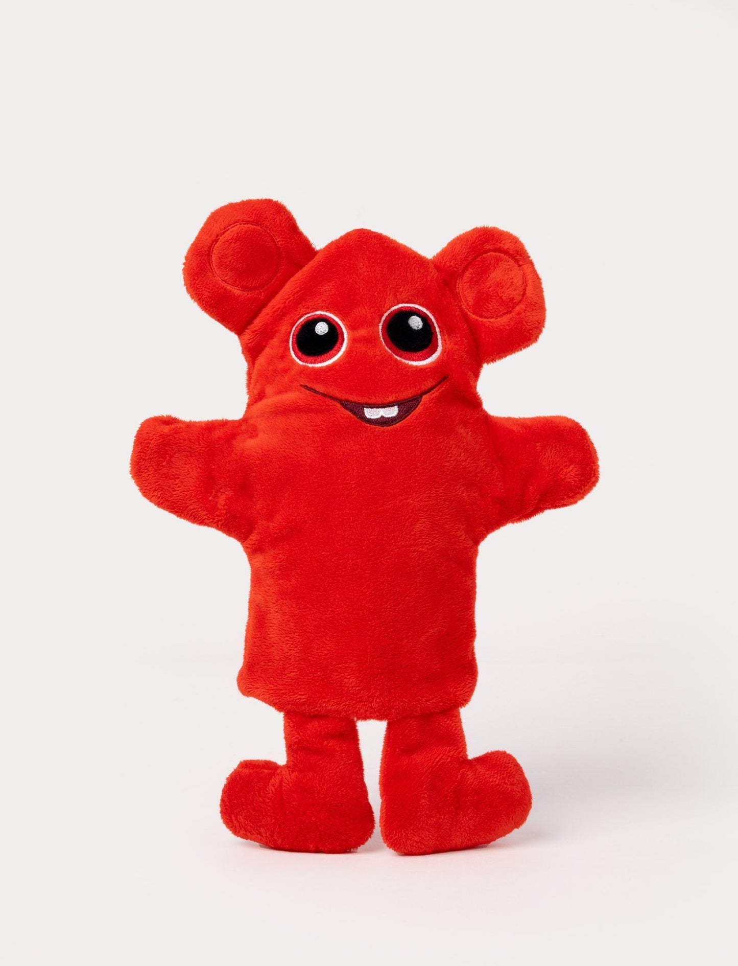 Red hand puppet with large round ears, big eyes, outstretched arms, and a cheerful embroidered smile with a small tooth.
