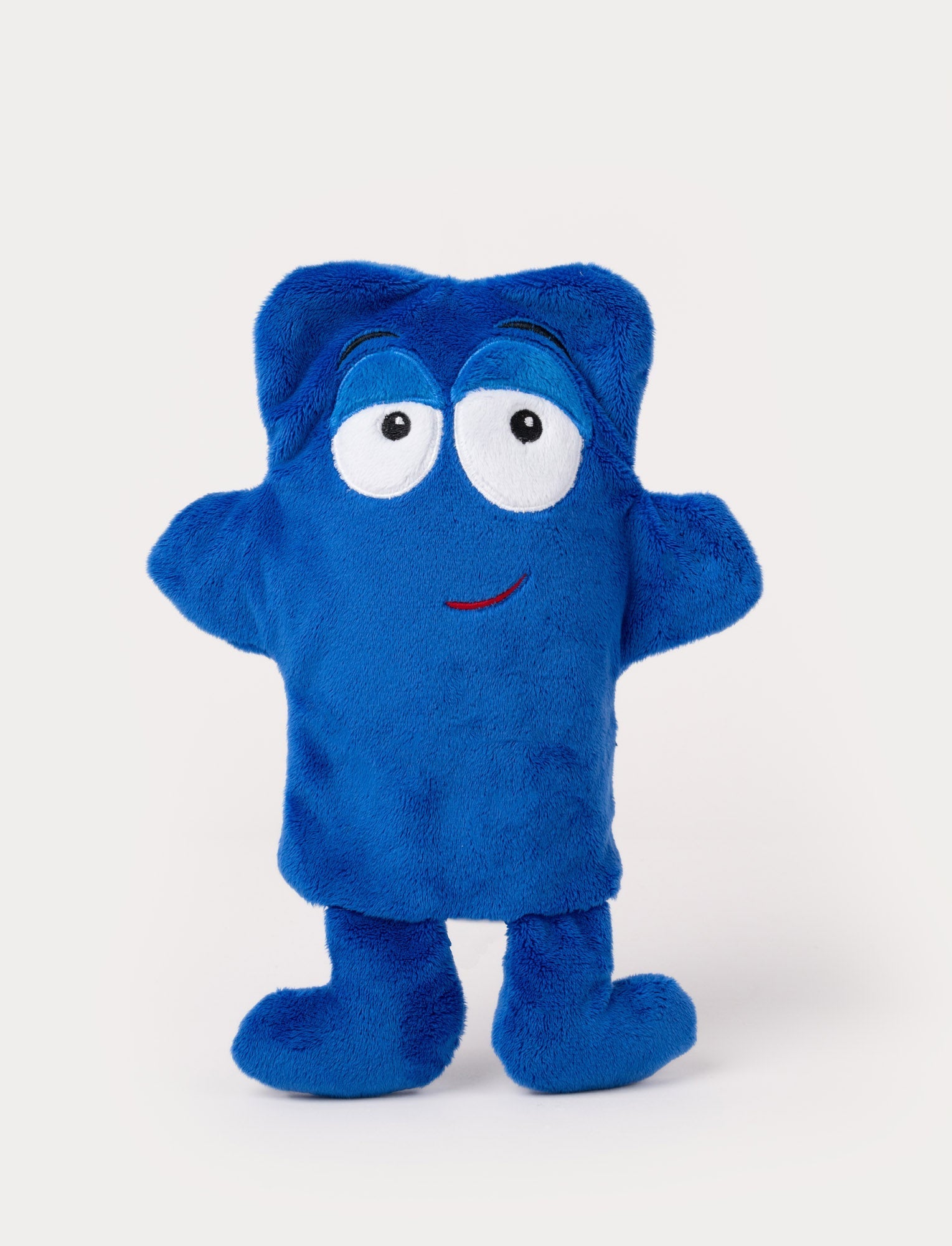  Image of Blue hand puppet with a rectangular body, droopy eyes, outstretched arms, and a playful embroidered smile.