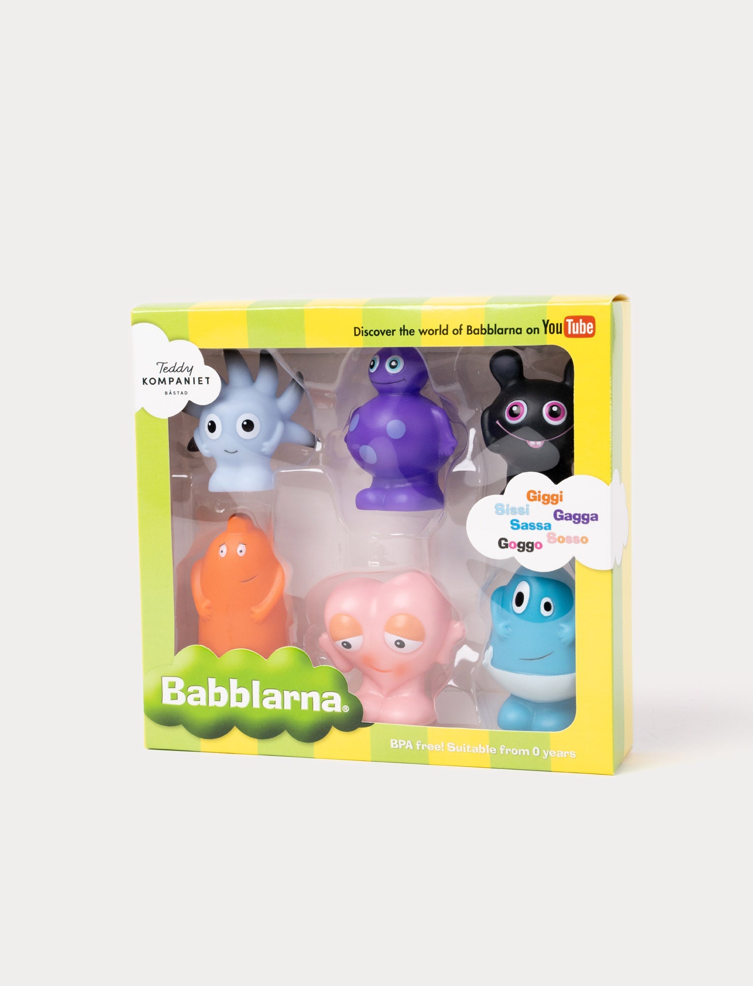  Image of Colorful plastic Babblarna figures including: Giggi, Gagga, Goggo, Sissi, Sassa, and Sosso, with a colorful, playful designs.