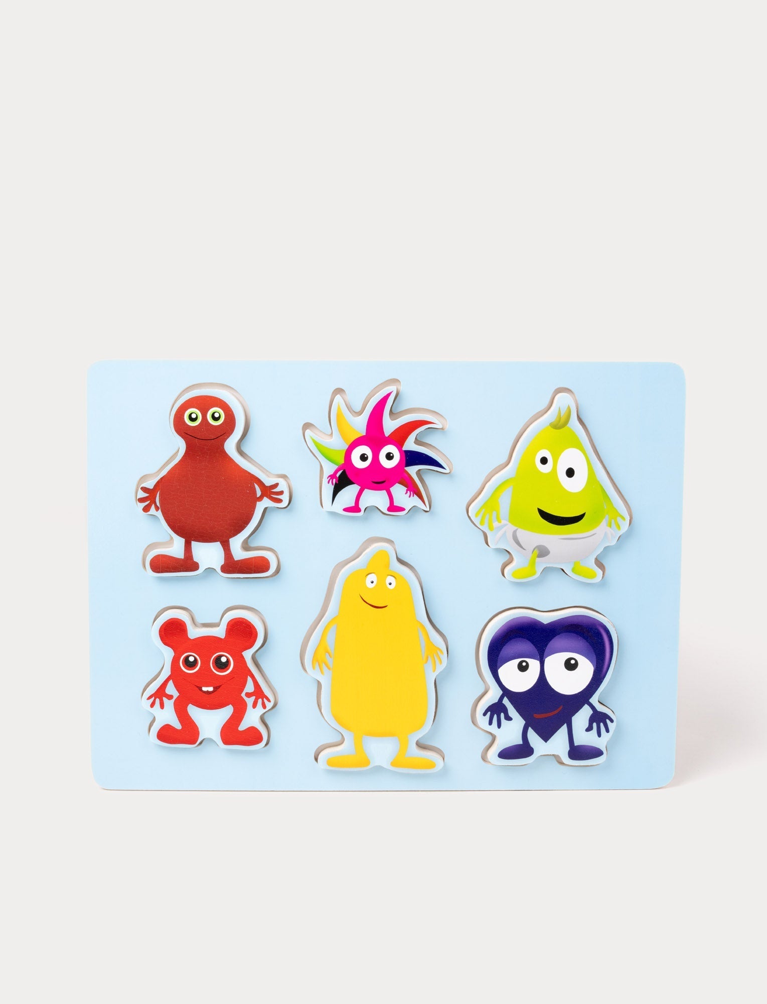  Image of Wooden puzzle with six colorful character pieces on a light blue board.