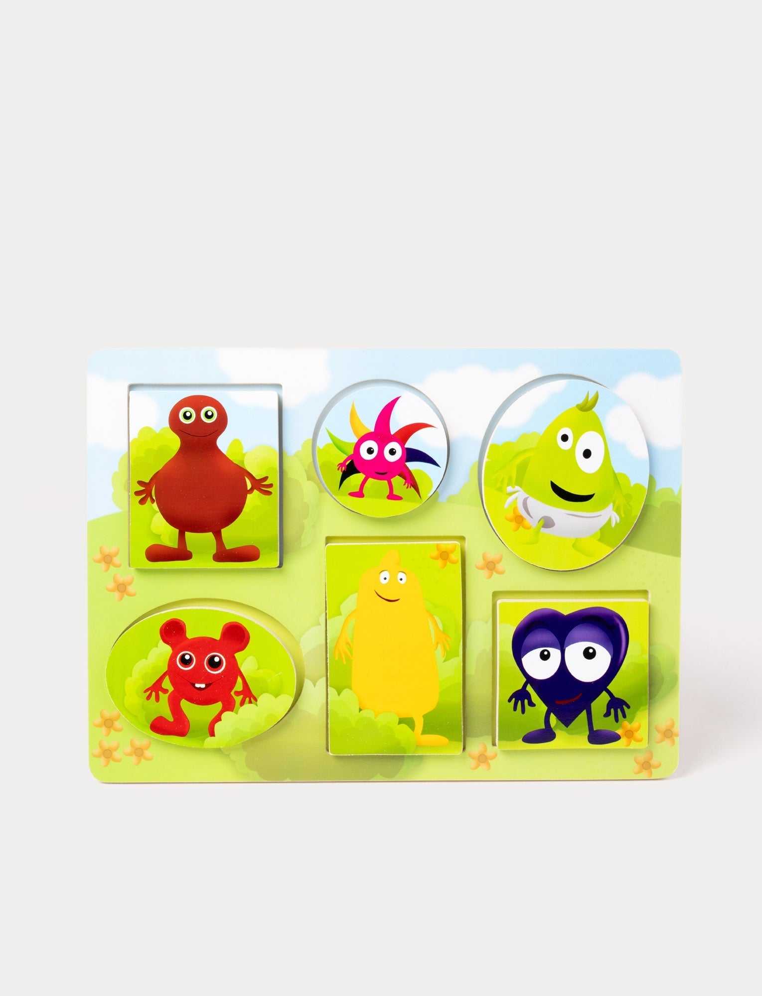  Image of Wooden puzzle with colorful character pieces on a nature-themed background with clouds and greenery.