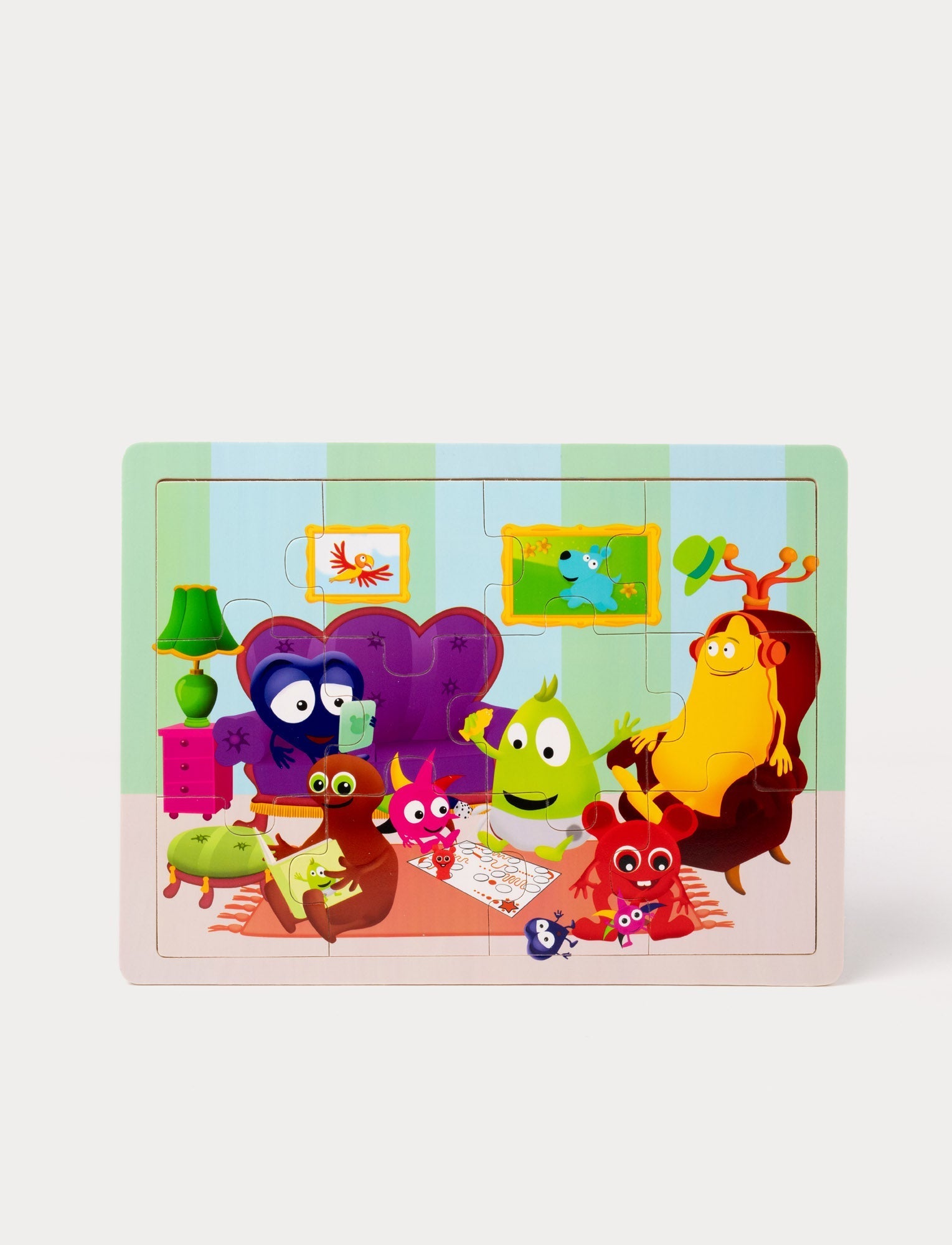  Image of Colorful wooden puzzle depicting friendly characters in a cozy living room setting with furniture and decorations