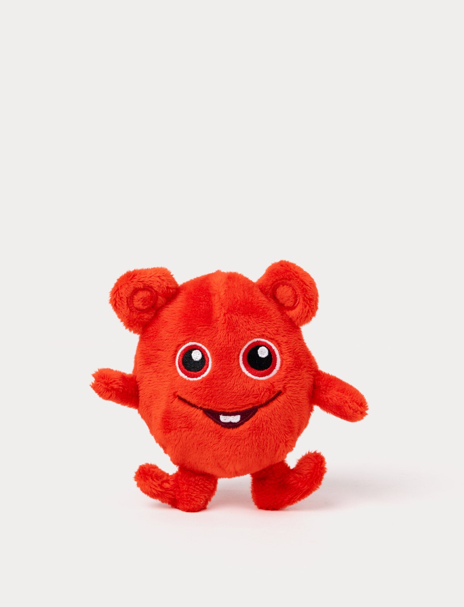  Image of A red plush Bobbo with a friendly smile and very small and round deisgn  