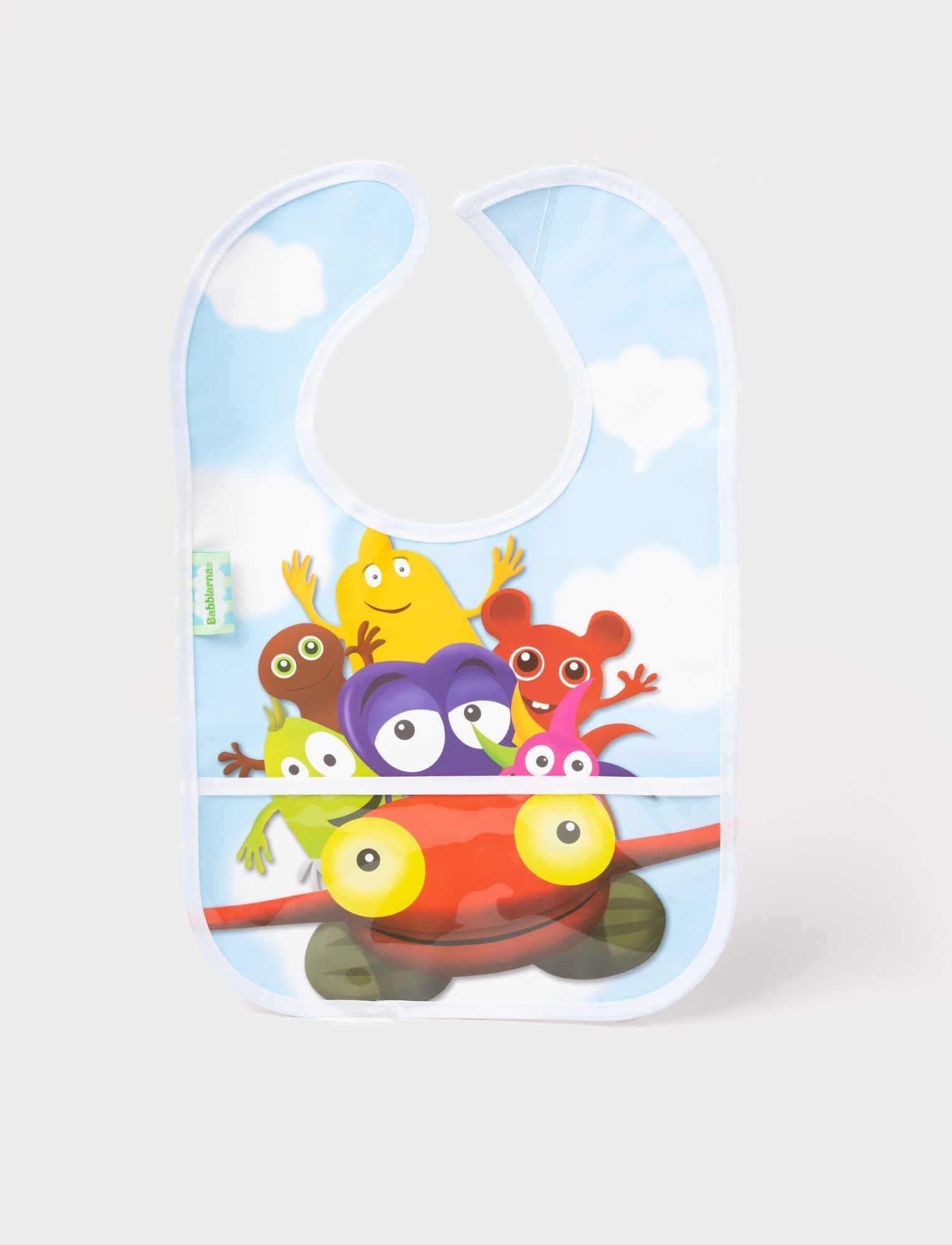  Image of A baby bib featuring Babblarna characters riding a red car against a blue sky with clouds.