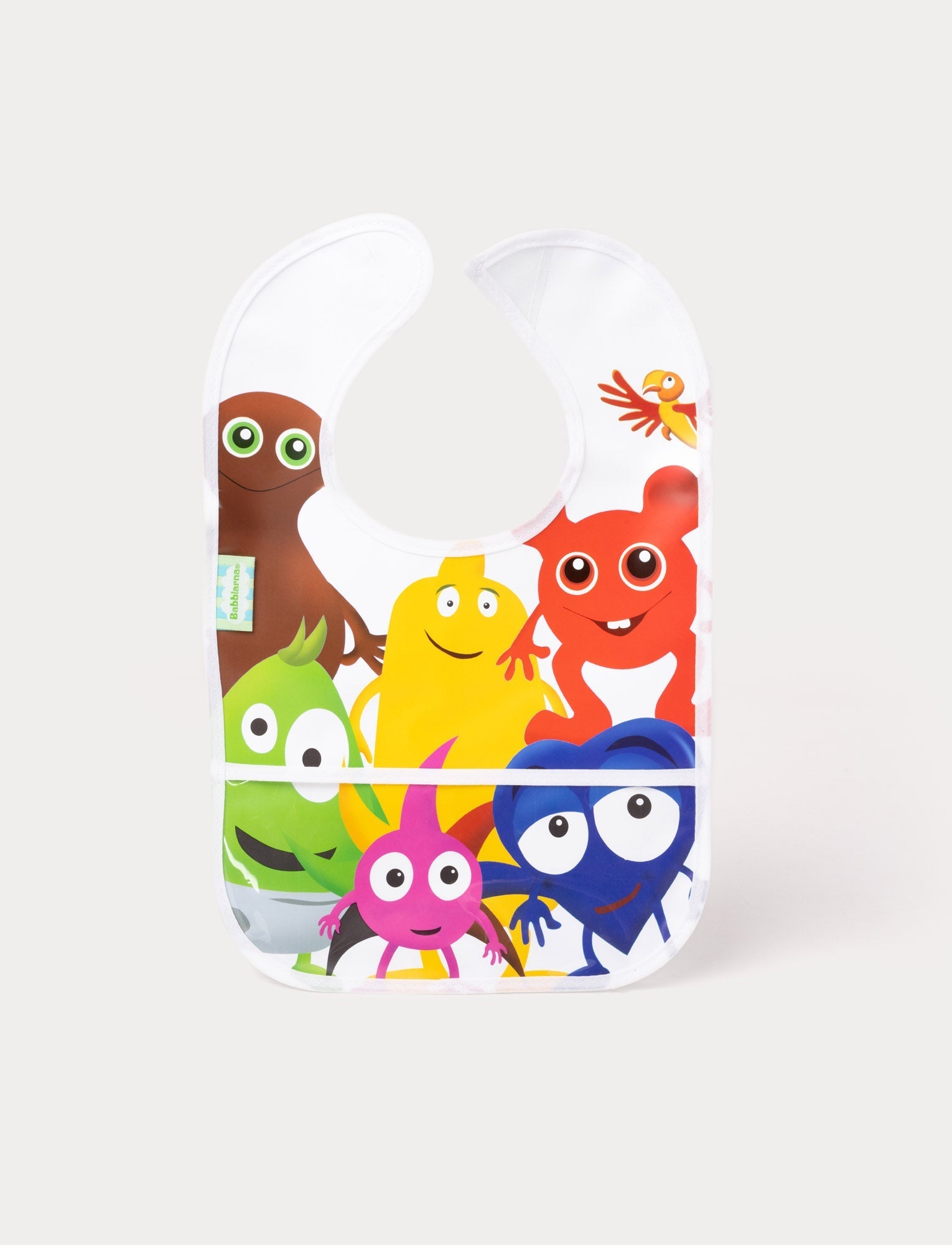  Image of A baby bib featuring colorful Babblarna characters on a white background