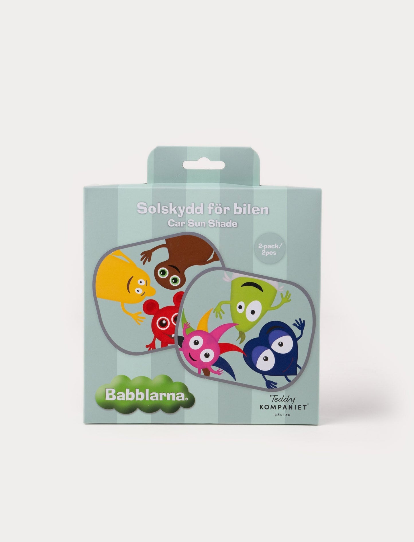 Pack of two Babblarna car sun shades featuring colorful character illustrations, designed by Teddykompaniet.