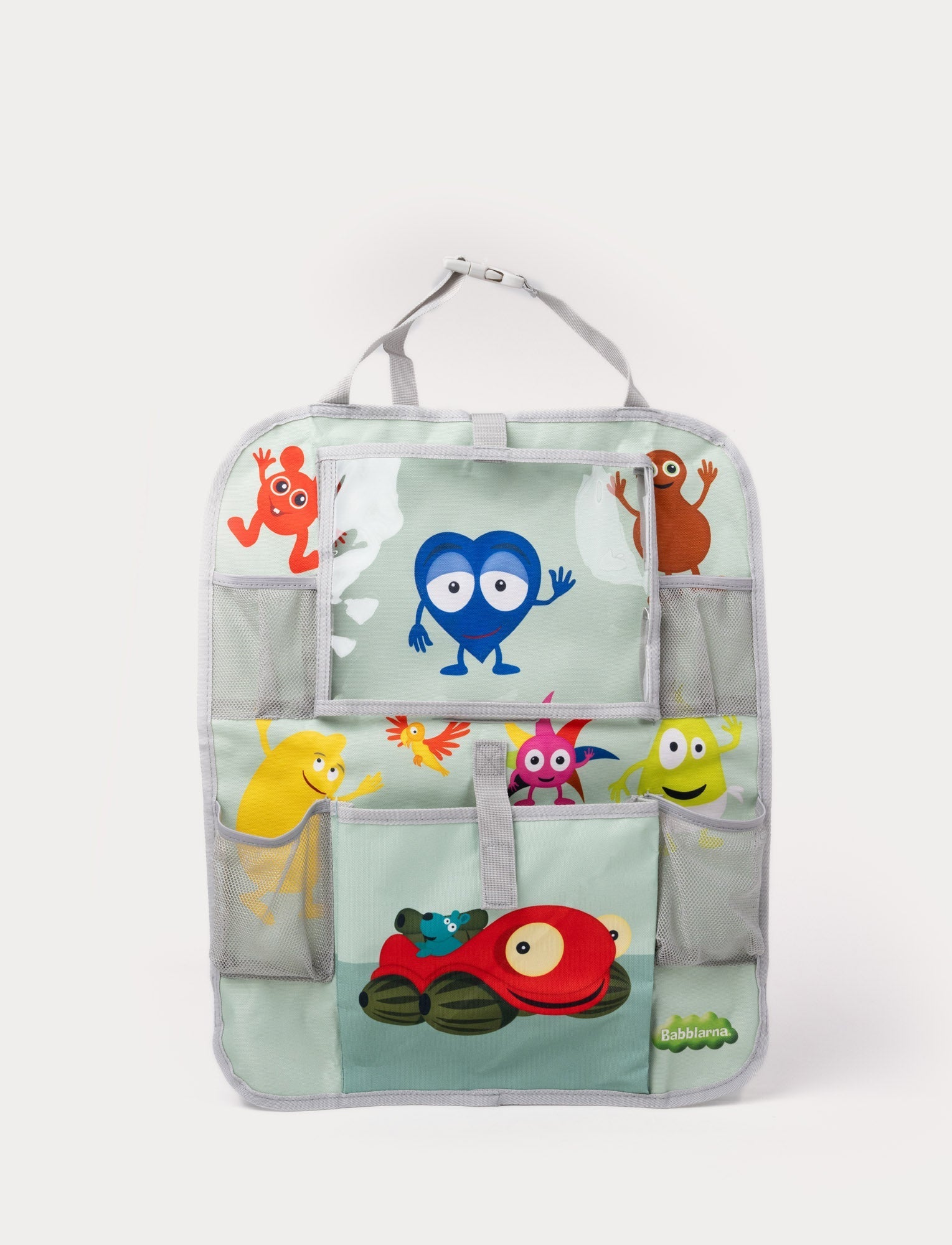  Image of Babblarna car seat organizer with multiple pockets, mesh compartments, and colorful character illustrations.