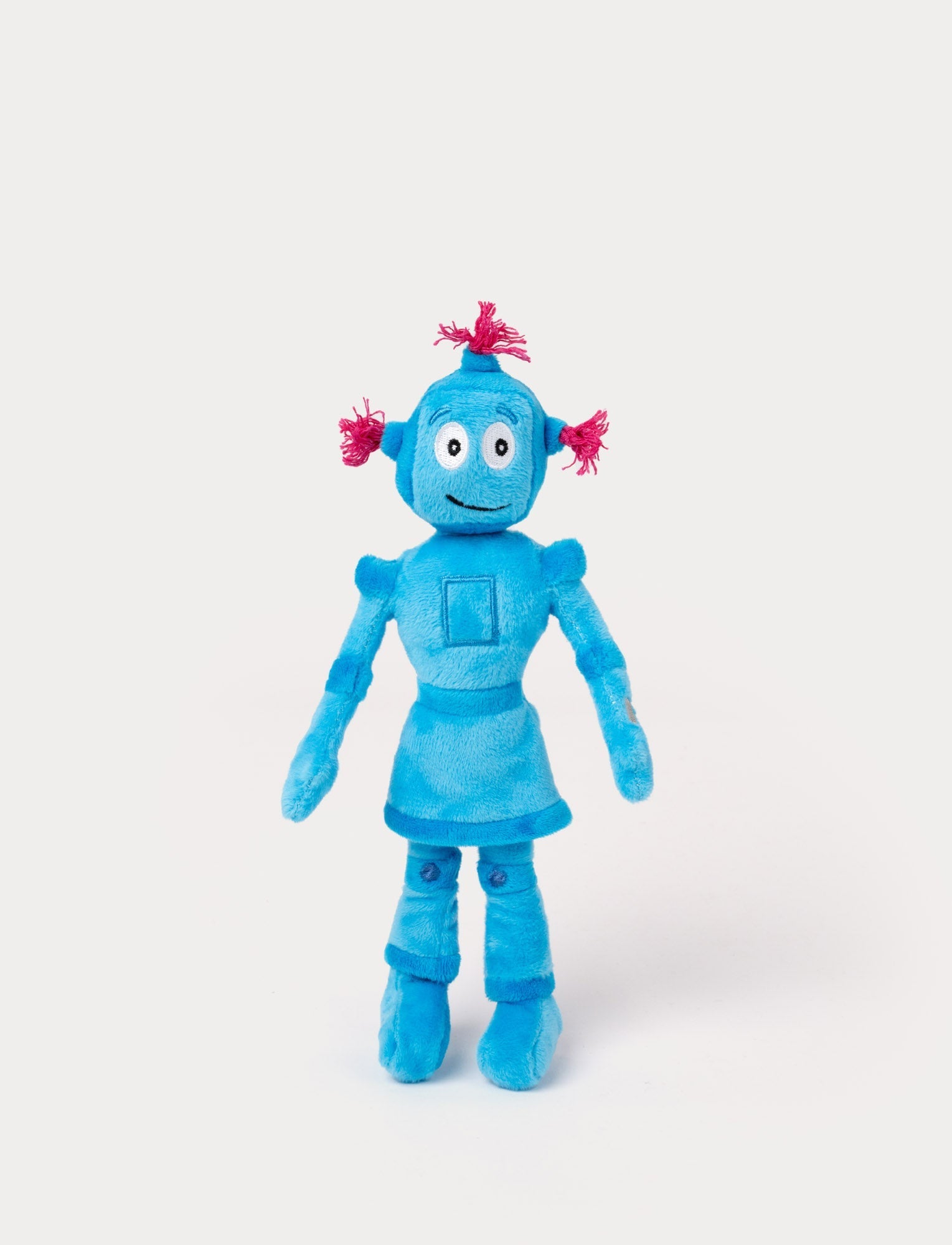  Image of A plush toy of Babblarna character Klonk, a blue robot with pink yarn hair and a friendly smile.