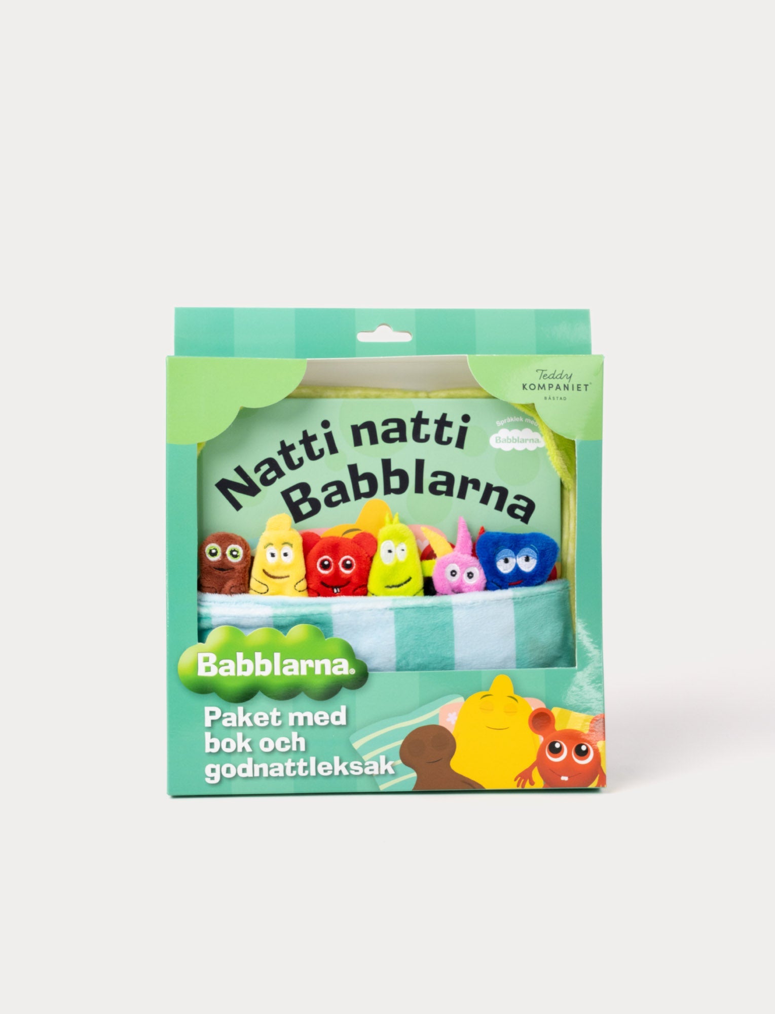  Image of Colorful package with bedtime storybook and toys. Featuring simple illustrations of characters being tucked in for sleep.