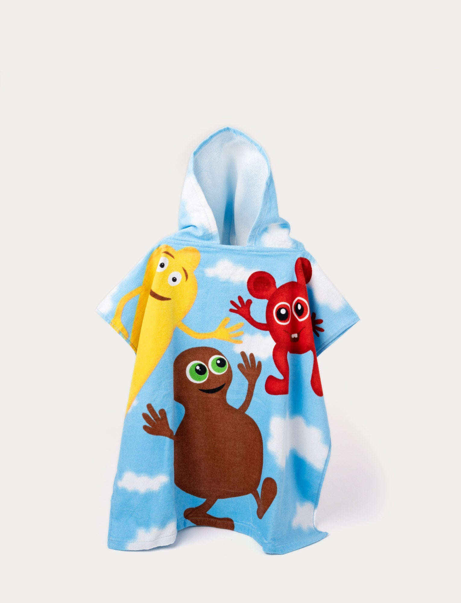  Image of Babblarna beach ponchos with colorful characters and a blue sky background.