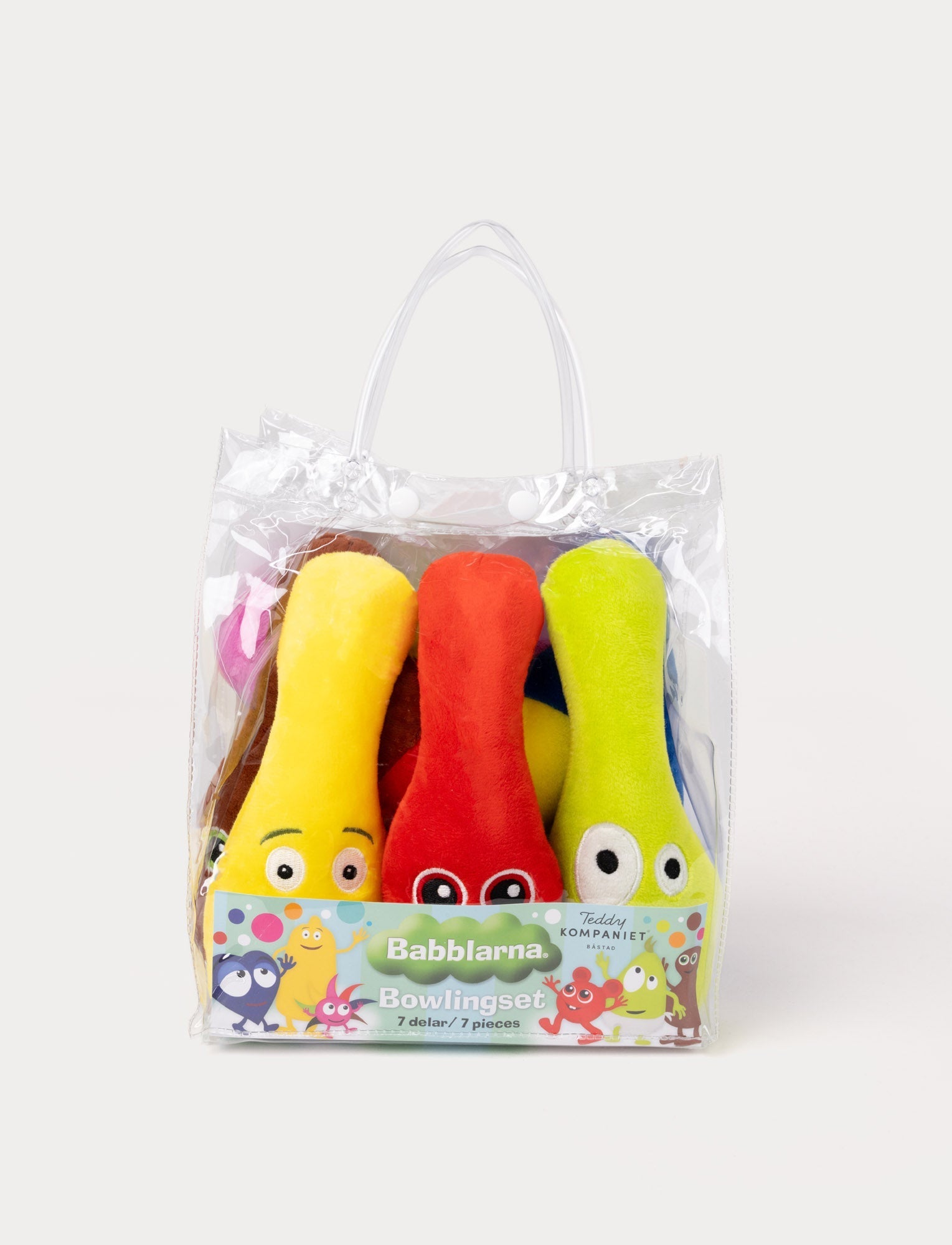  Image of A Babblarna plush bowling set with colorful character-themed pins and a soft multicolored ball.