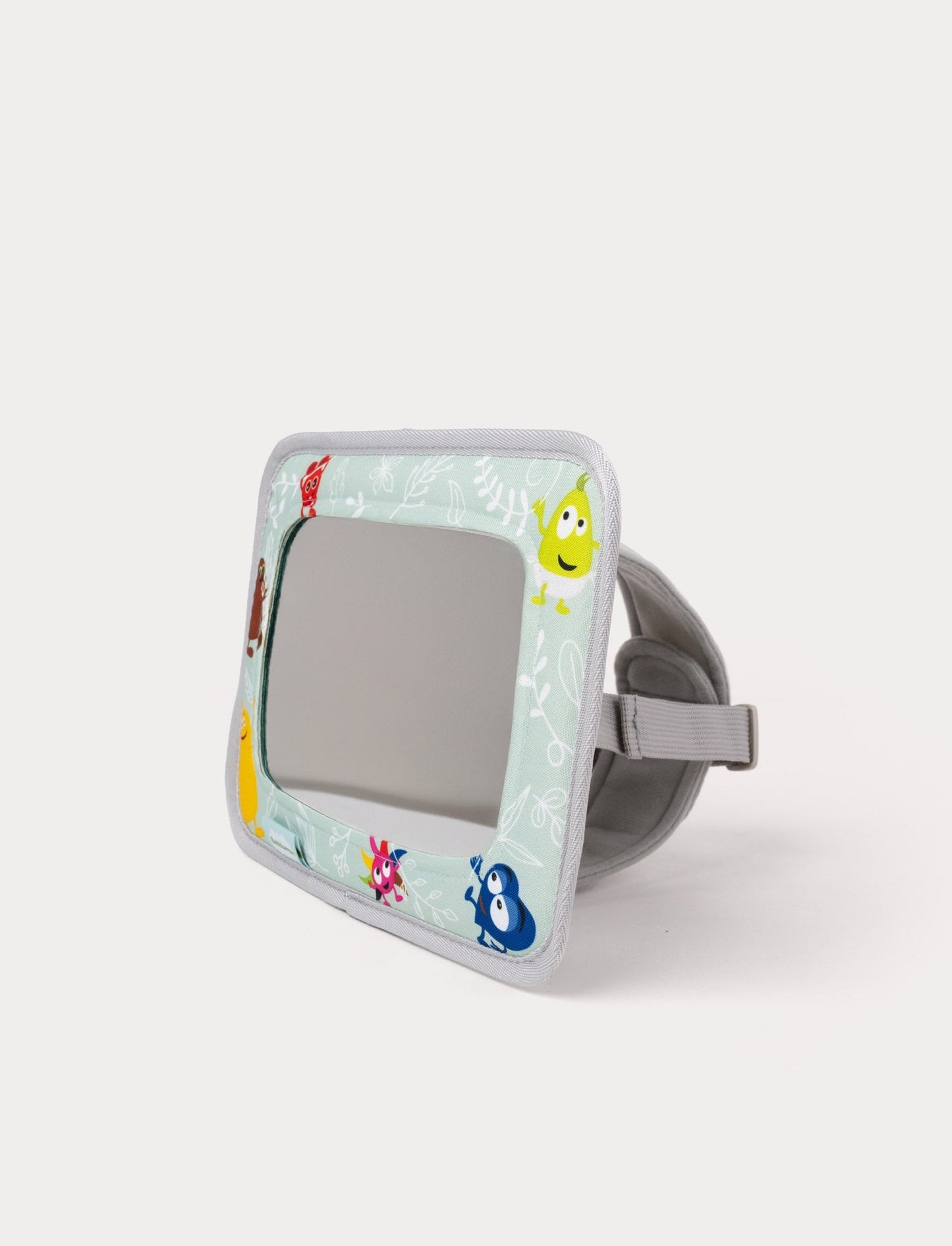 Baby car mirror with a soft, light green frame featuring colorful Babblarna character illustrations and an adjustable strap.