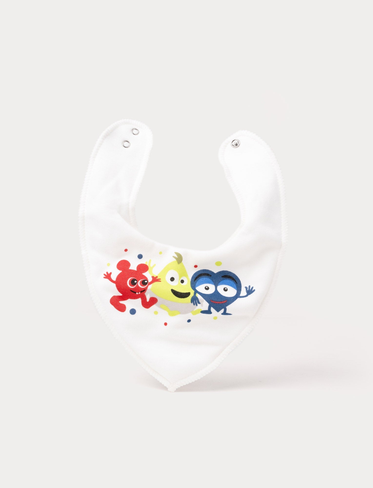  Image of White baby bib with snap buttons, featuring Babblarna