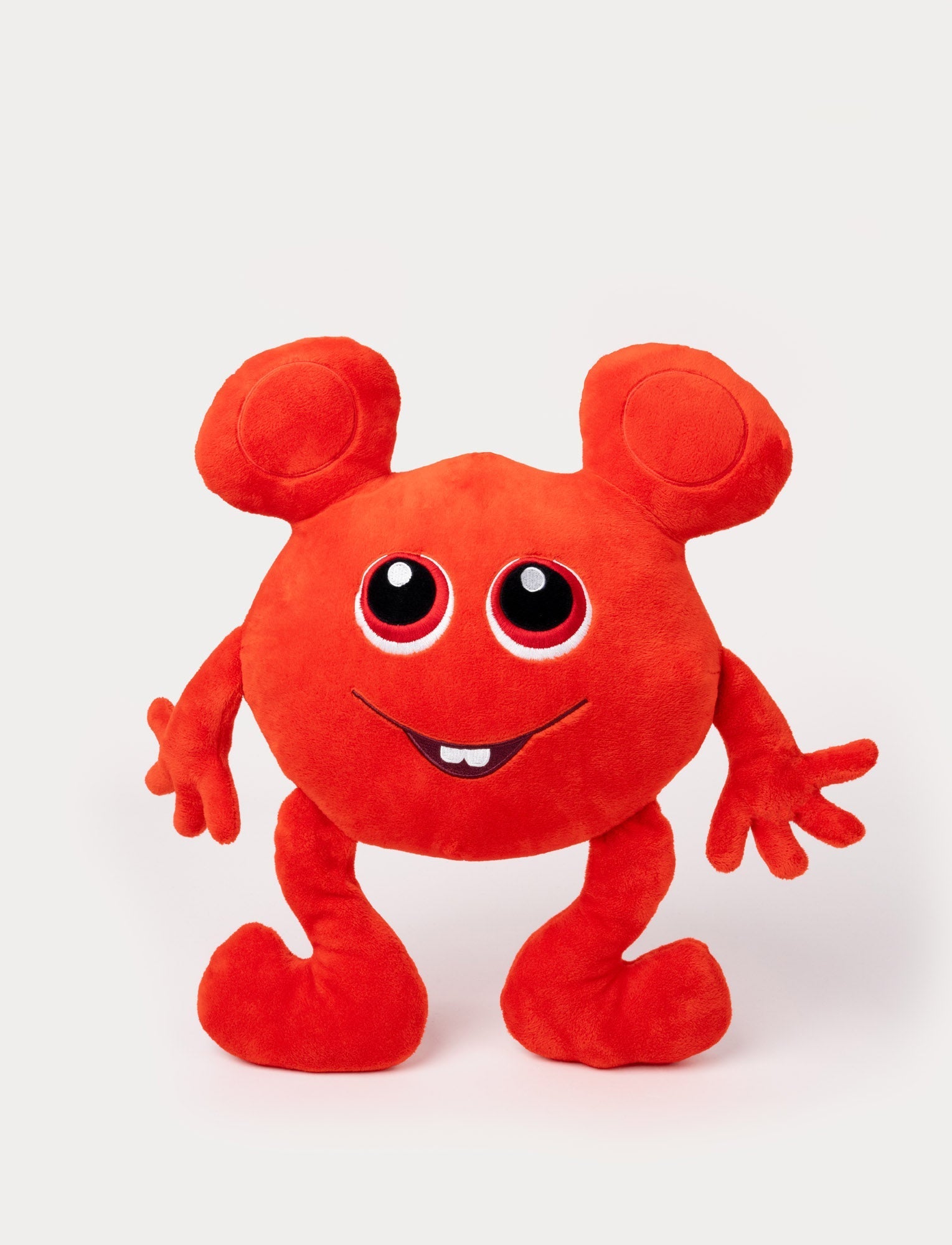  Image of Red plush toy with a round body, large ears, big eyes, and a cheerful embroidered smile with a small tooth.