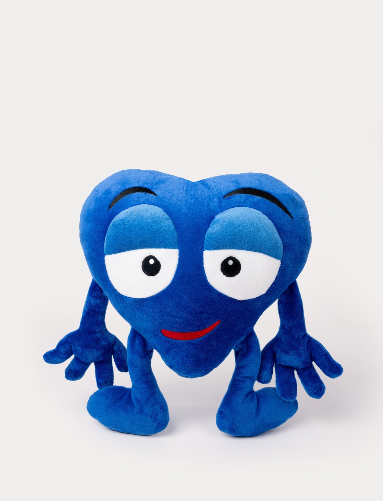  Image of Blue heart-shaped plush toy with droopy eyes, a playful smirk, and long arms.