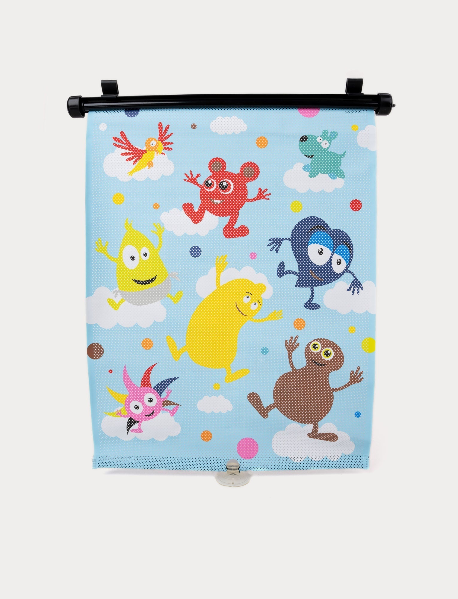  Image of Babblarna retractable car sunshade with colorful characters on a light blue, cloud-themed background.