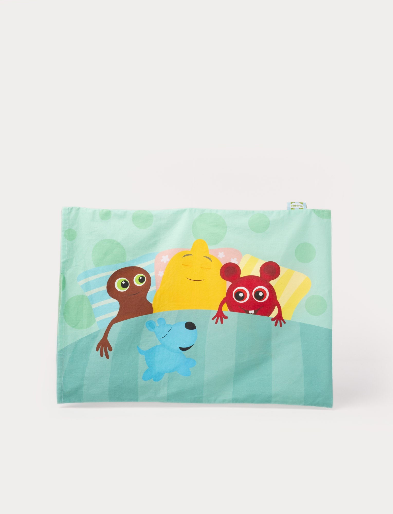  Image of A colorful soft pillowcase with Babblarna characters, made from cotton.