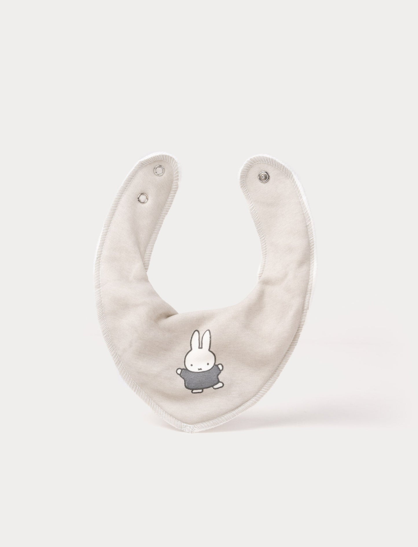 Soft, grey, double-layered cotton Miffy dribble bib with snap buttons for adjustable fit 
