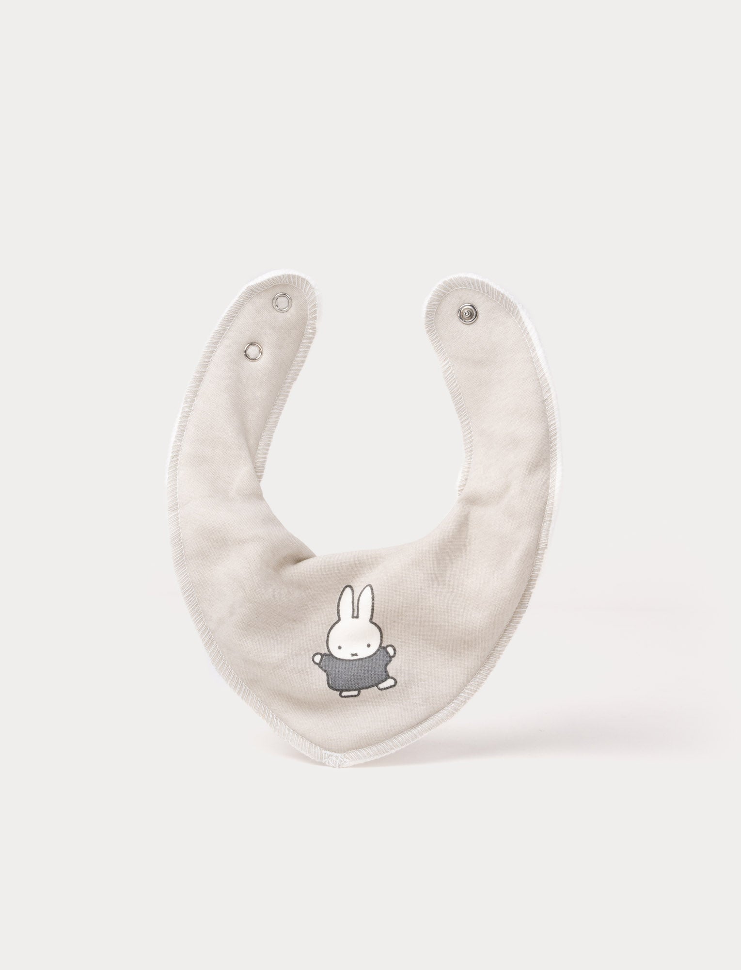  Image of Soft, grey, double-layered cotton Miffy dribble bib with snap buttons for adjustable fit 