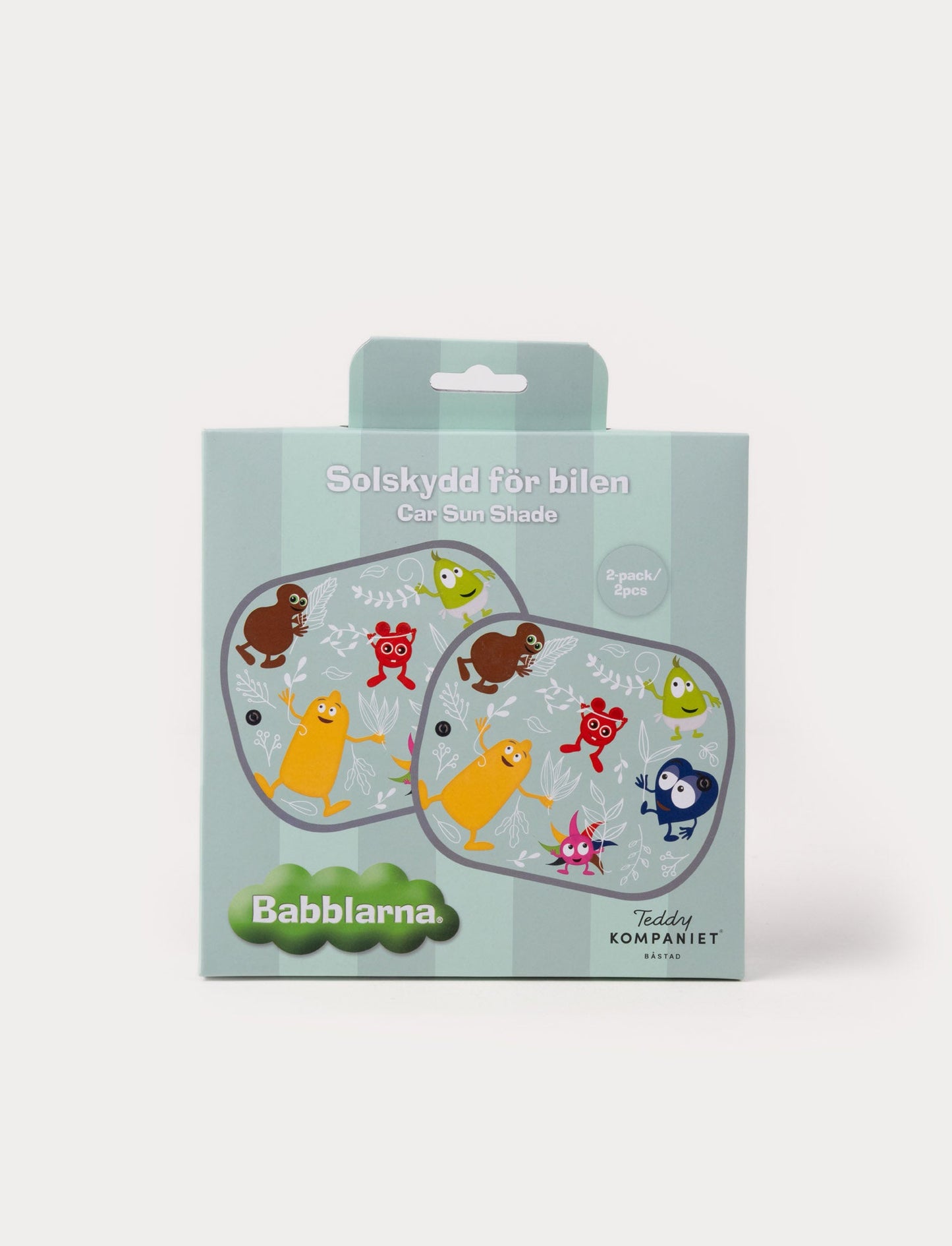Package with two sunshades from Babblarna. With a playful green design and suction cups