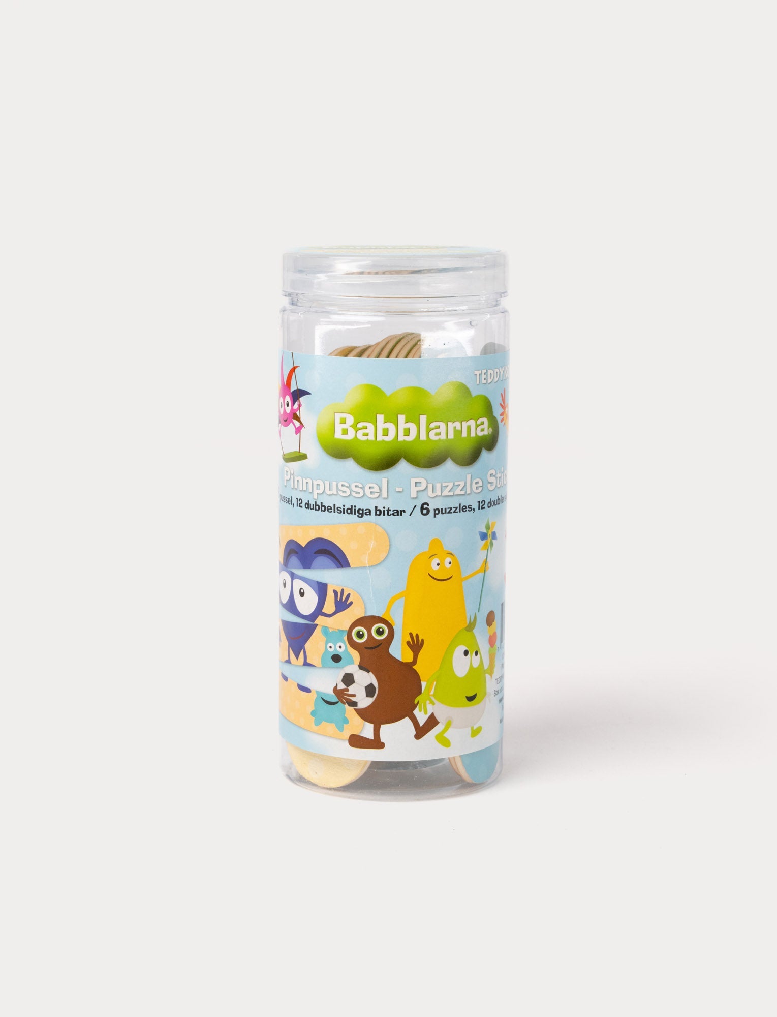  Image of Colorful Babblarna stick puzzle with 12 double-sided pieces, featuring playful character designs for creative matching.