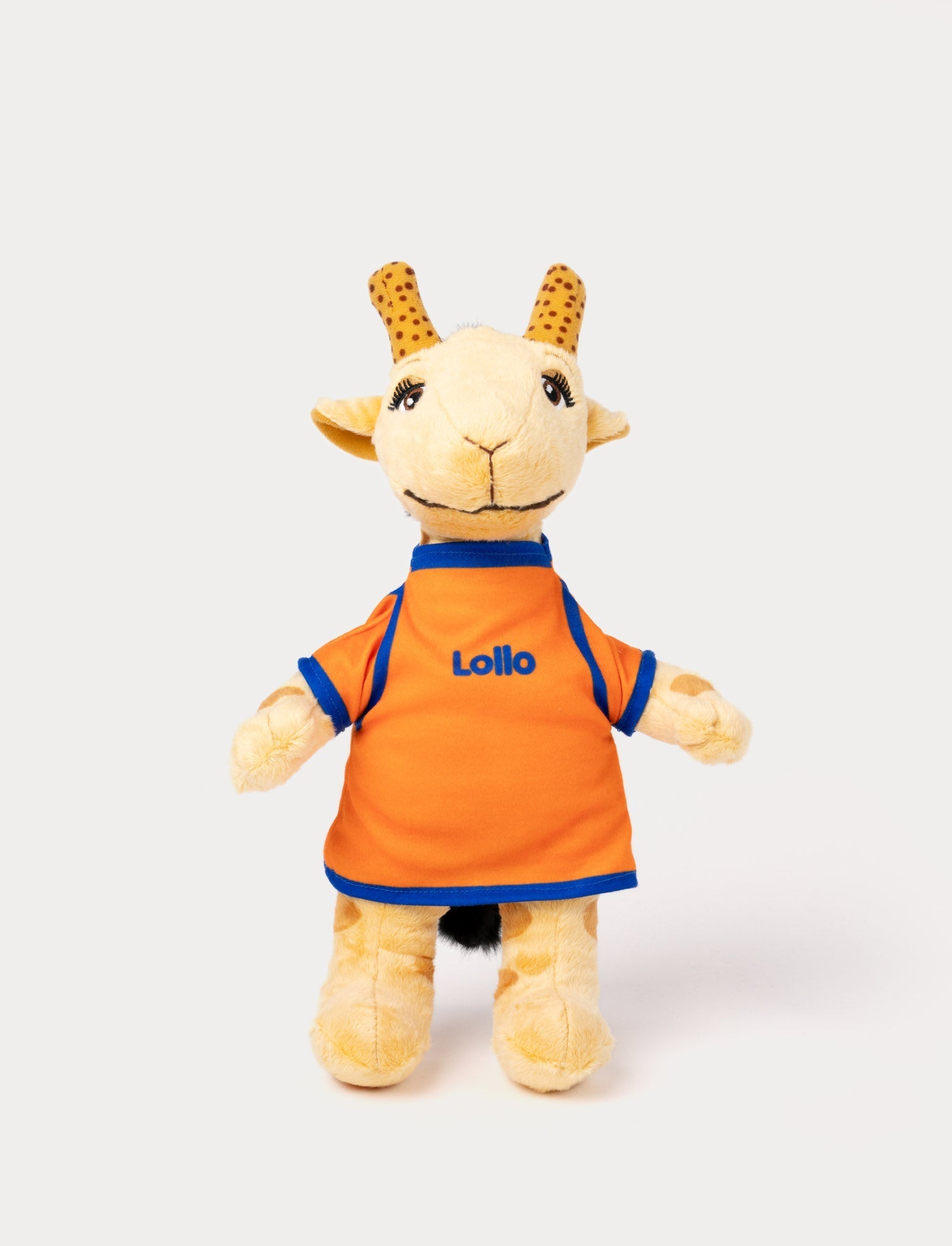  Image of A plush toy of Lollo the giraffe wearing an orange and blue outfit with her name embroidered on it.