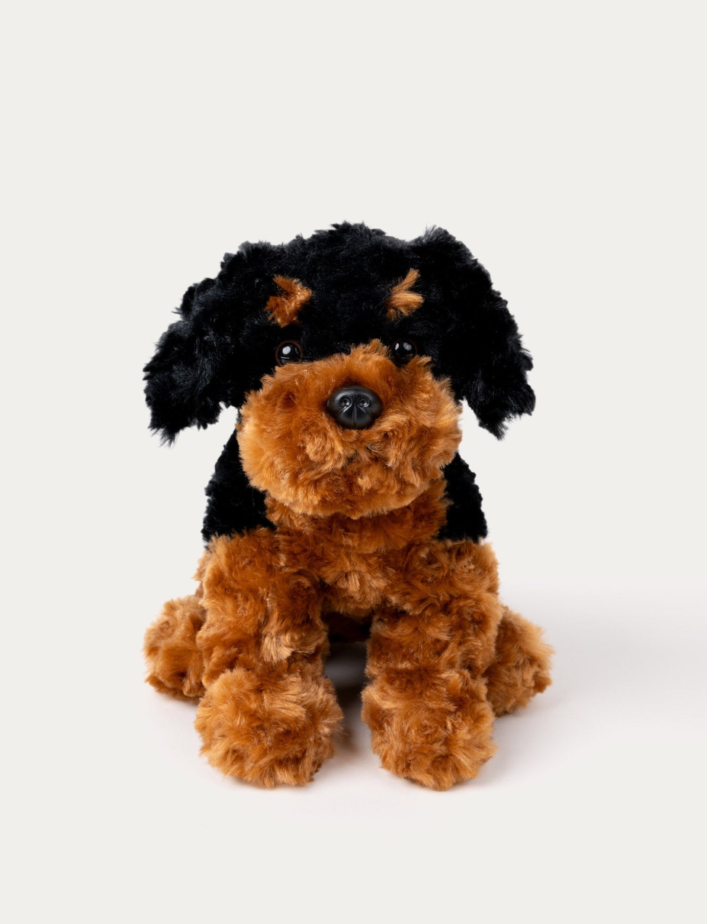 Curly plush dog in black and brown with soft fur, floppy ears, and a friendly expression.