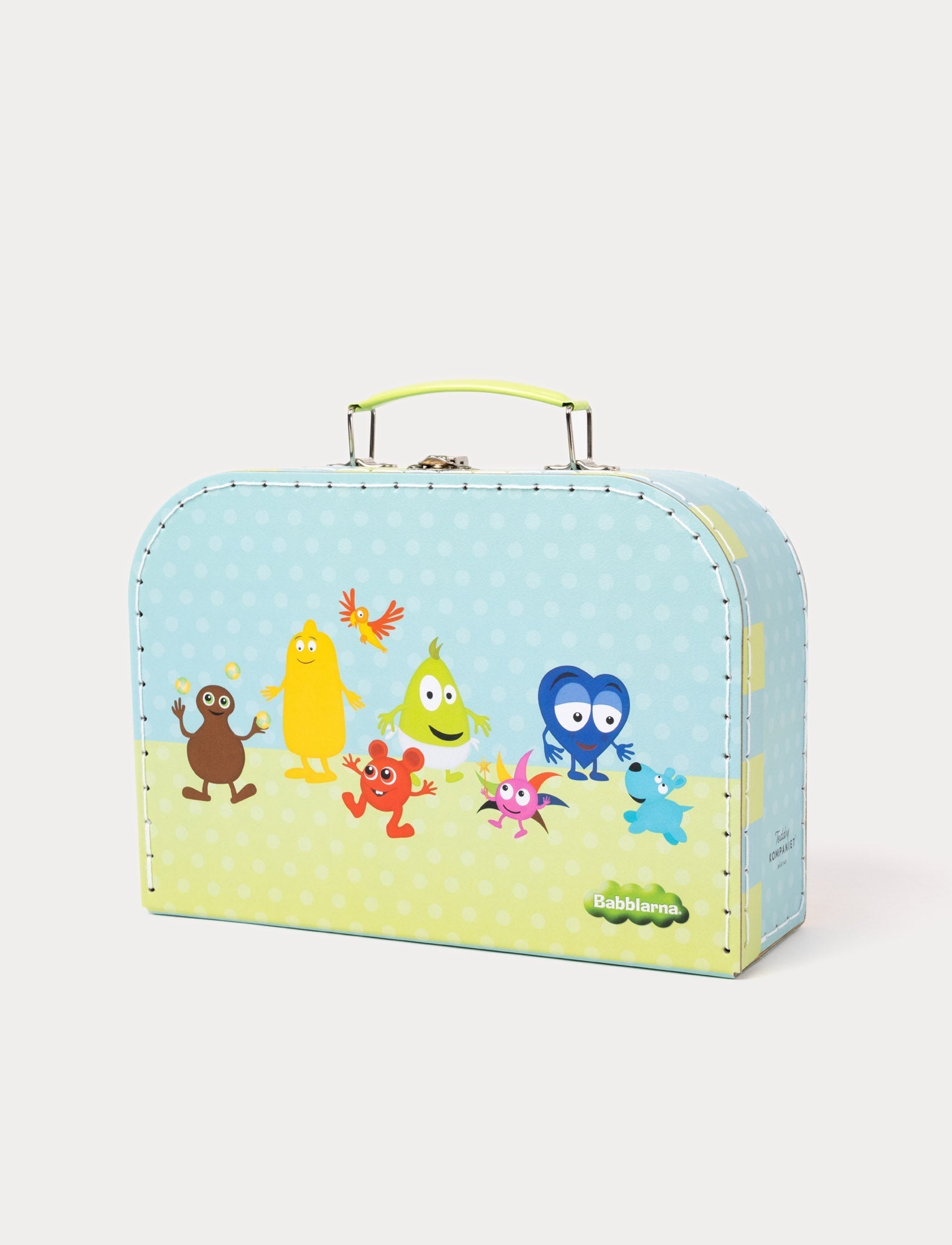  Image of A children's suitcase with a light blue polka dot design featuring Babblarna characters.