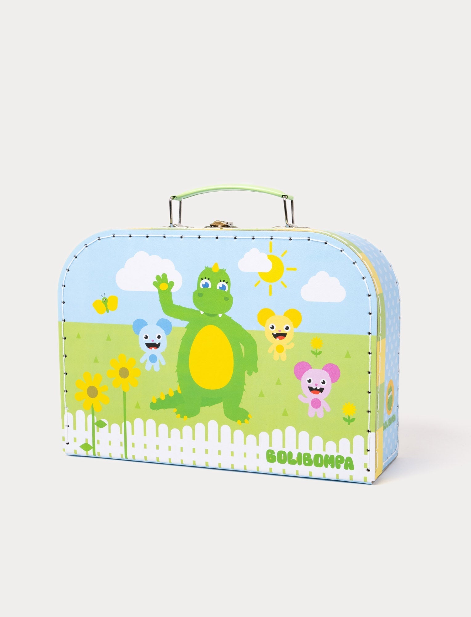  Image of A children's suitcase featuring the Bolibompa dragon and his friends in a sunny landscape.