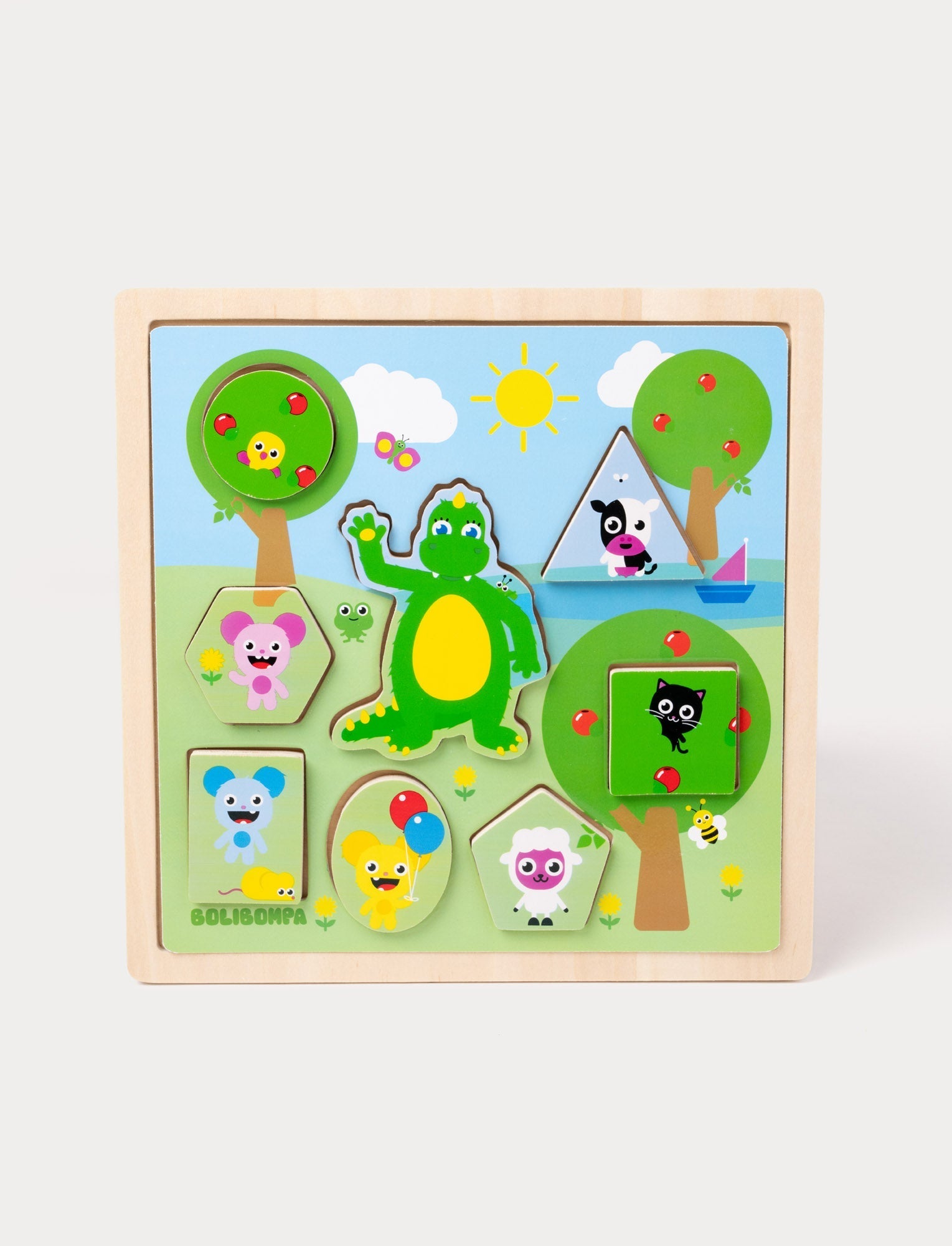  Image of A wooden Bolibompa puzzle featuring the green dragon and colorful animal characters in a sunny landscape.