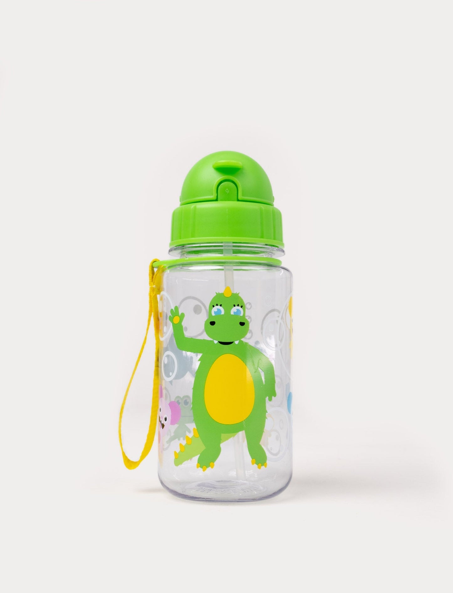A transparent children's water bottle with a green lid and a yellow strap. Featuring the Bolibompa dragon.