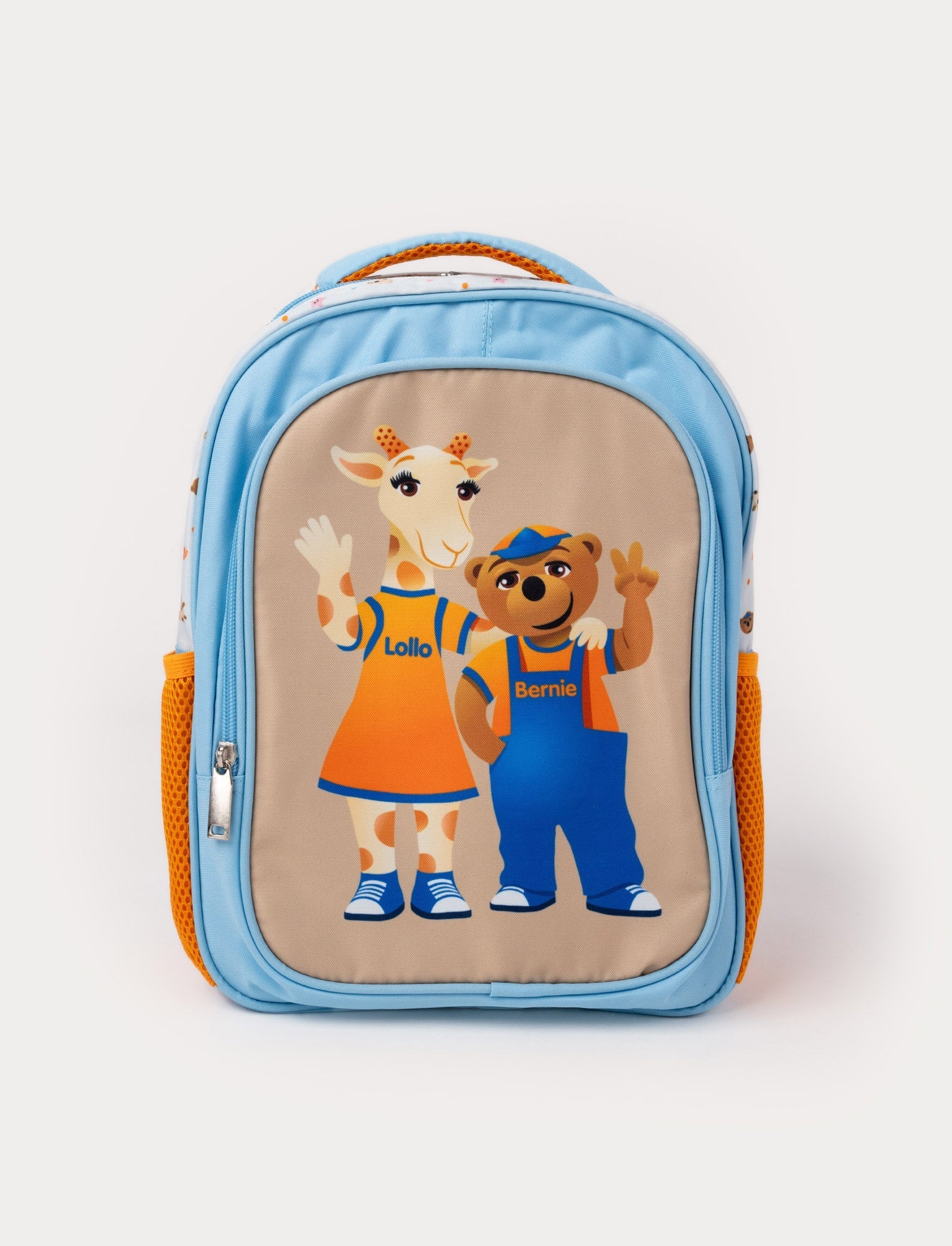  Image of A children's backpack featuring Lollo & Bernie, with blue, orange, and beige details and side pockets