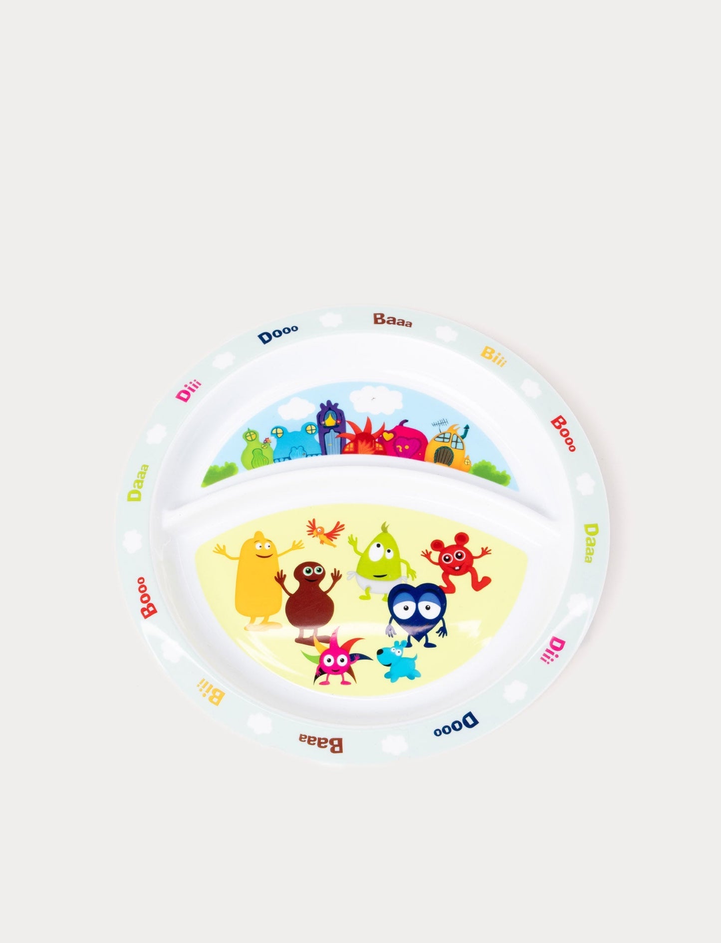 A divided children's plate featuring Babblarna characters and playful text around the rim.