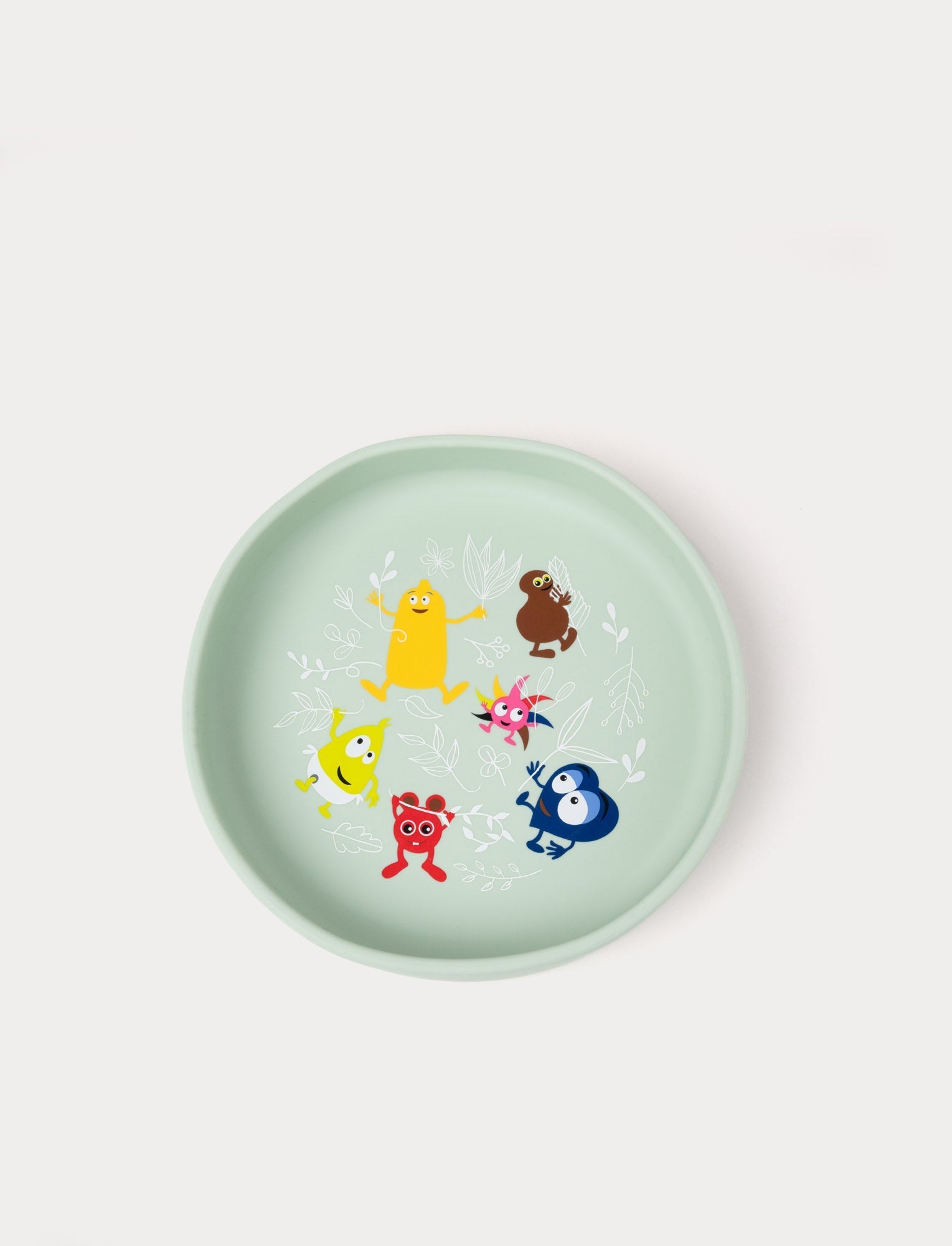  Image of A soft green silicone children's plate featuring Babblarna characters and a delicate leaf pattern.