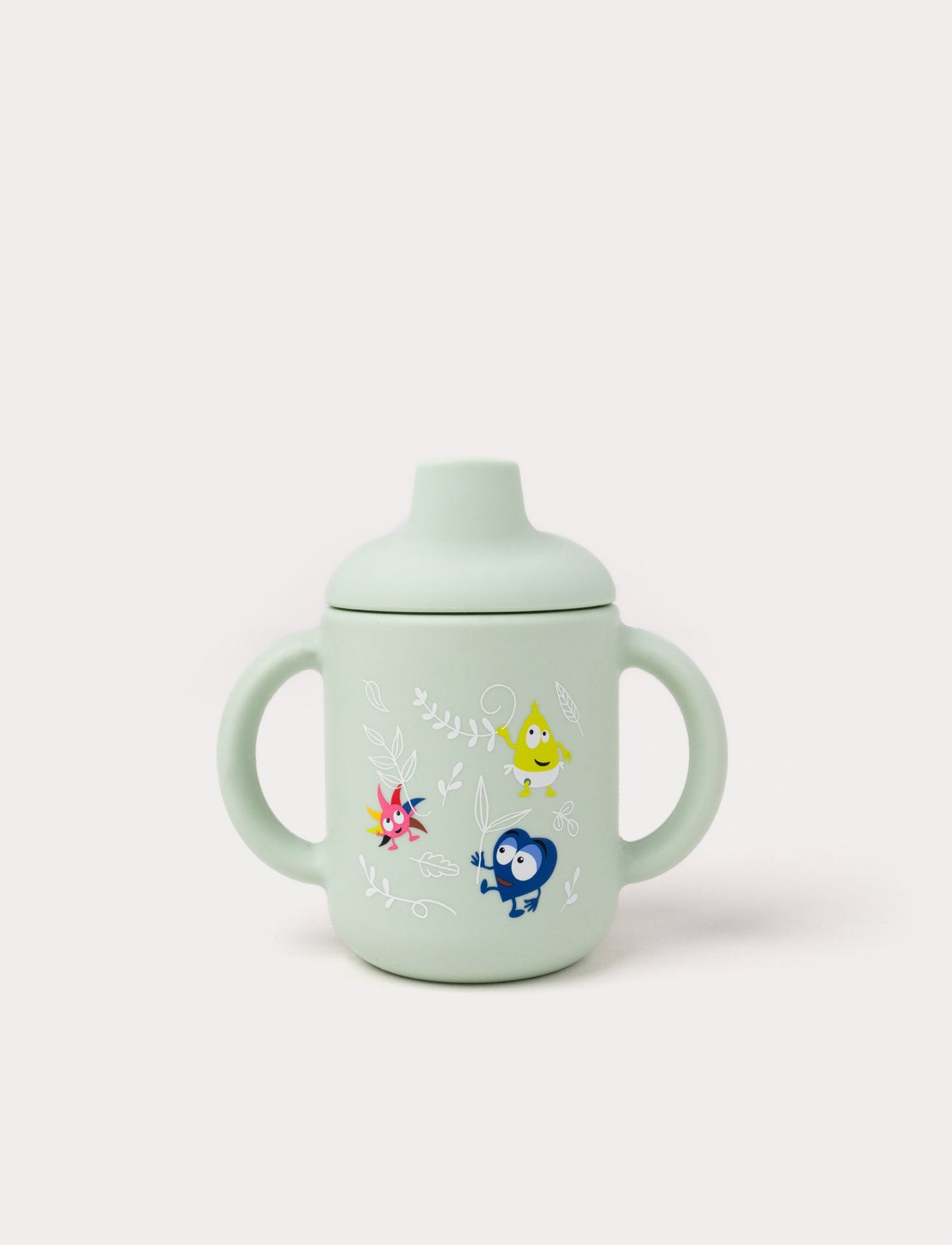 Green Babblarna silicone cup with handles, spill-proof lid, and colorful character design.