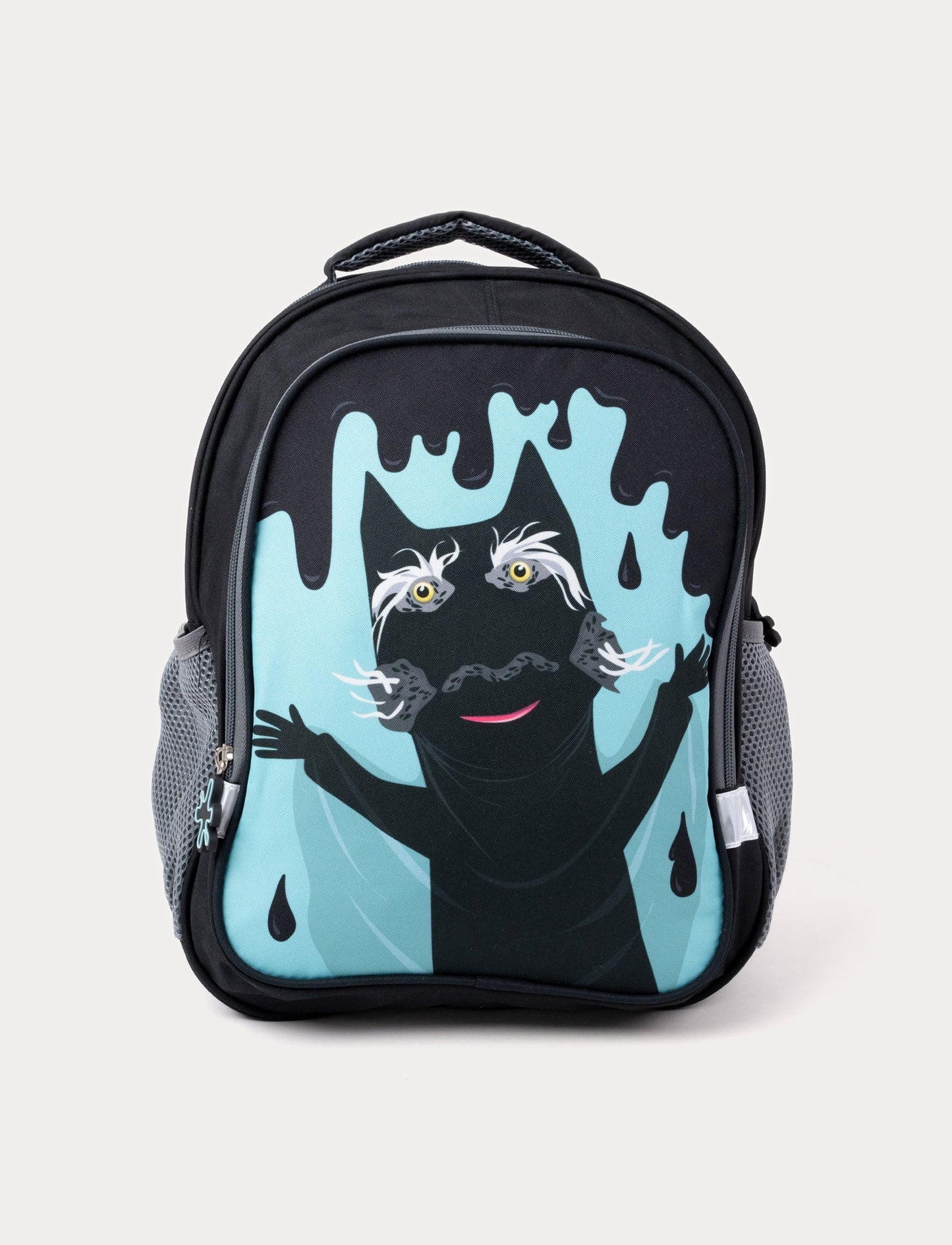 A black children's backpack featuring a spooky cat design with glowing yellow eyes and a blue bakground
