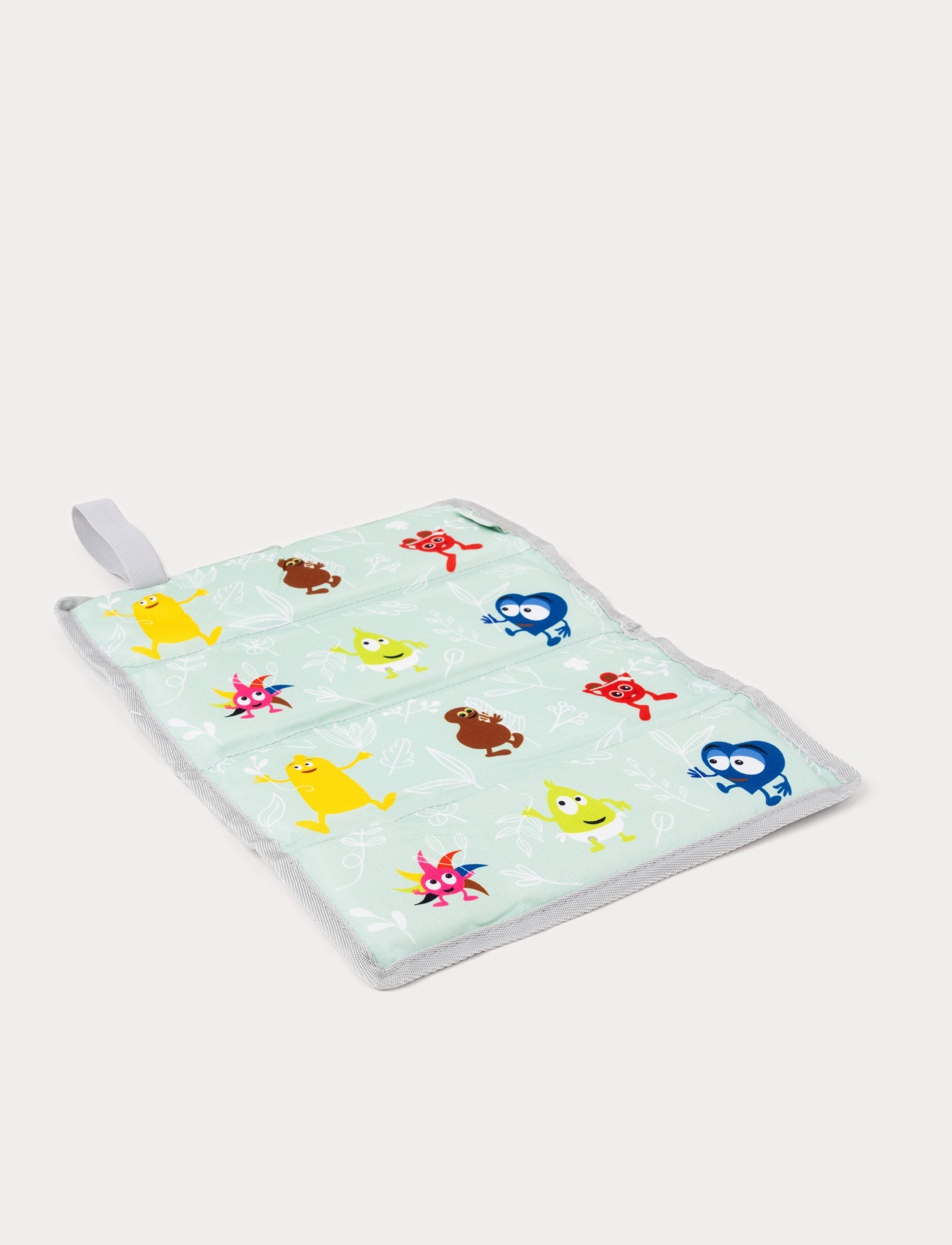  Image of A soft, mint green seat pad featuring Babblarna characters and a subtle leaf pattern.