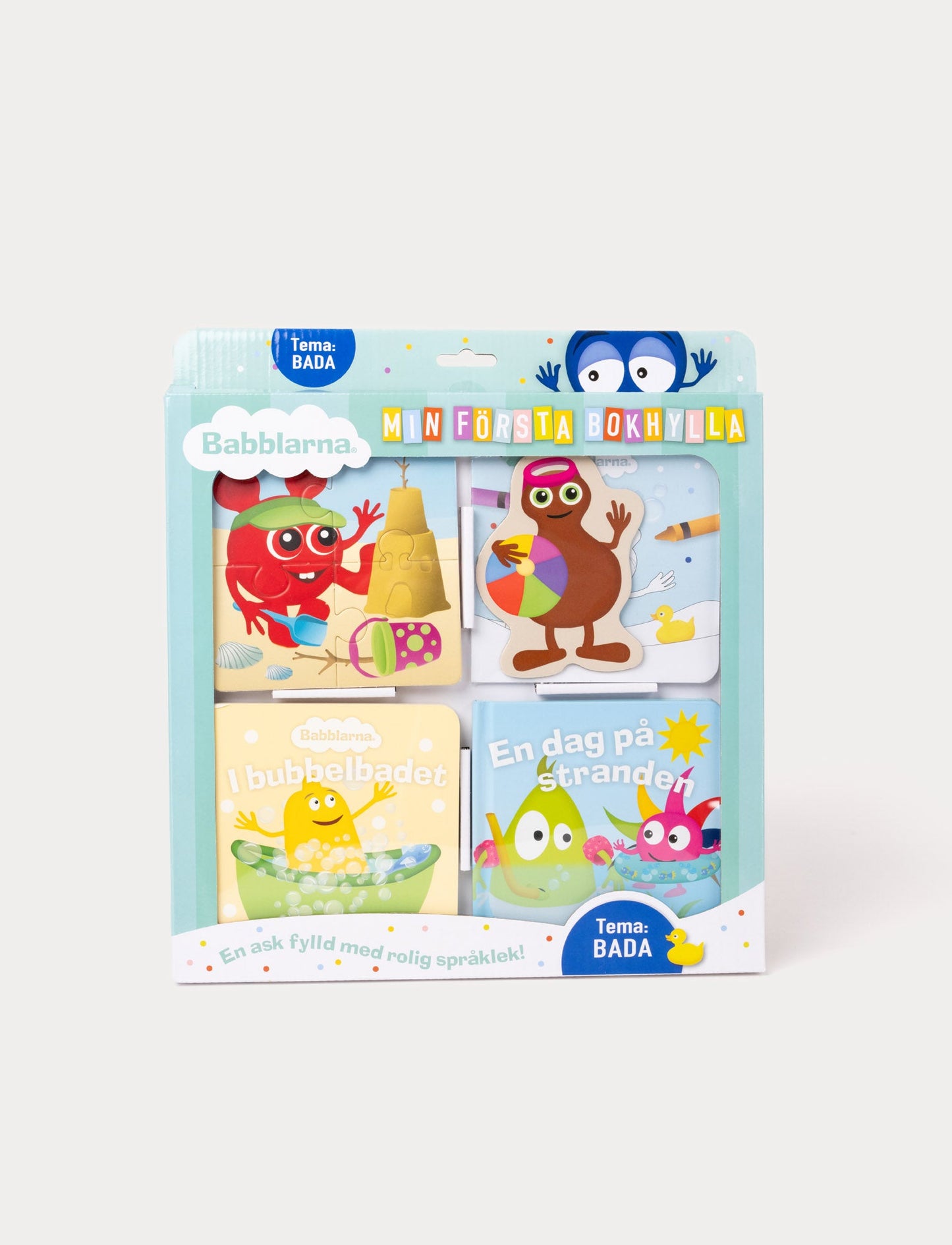 Colorful collection featuring Babblarna, including a picture book, word book, puzzle, poster, a magnet, a music-card and mini coloring book with a bath theme