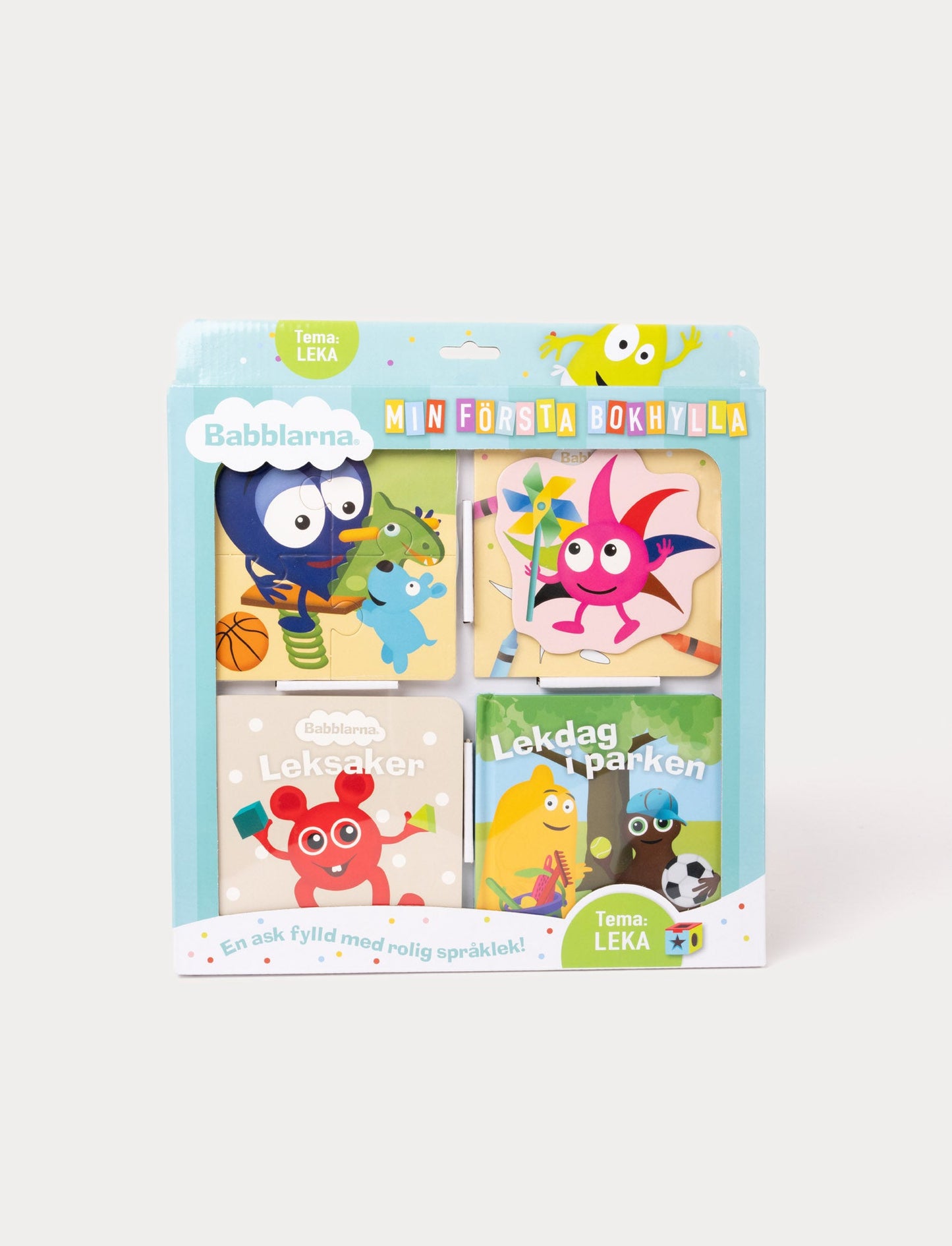 Colorful collection featuring Babblarna, including a picture book, word book, puzzle, poster, a magnet, a music-card and mini coloring book with a play-theme