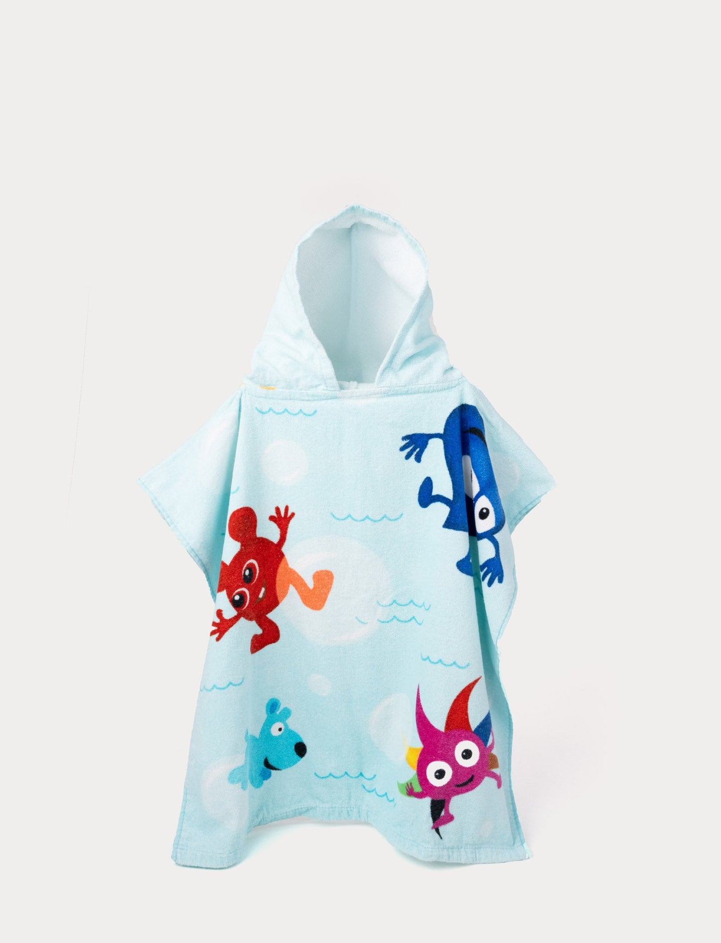 Light blue hooded poncho towel with colorful Babblarna characters playing in water.