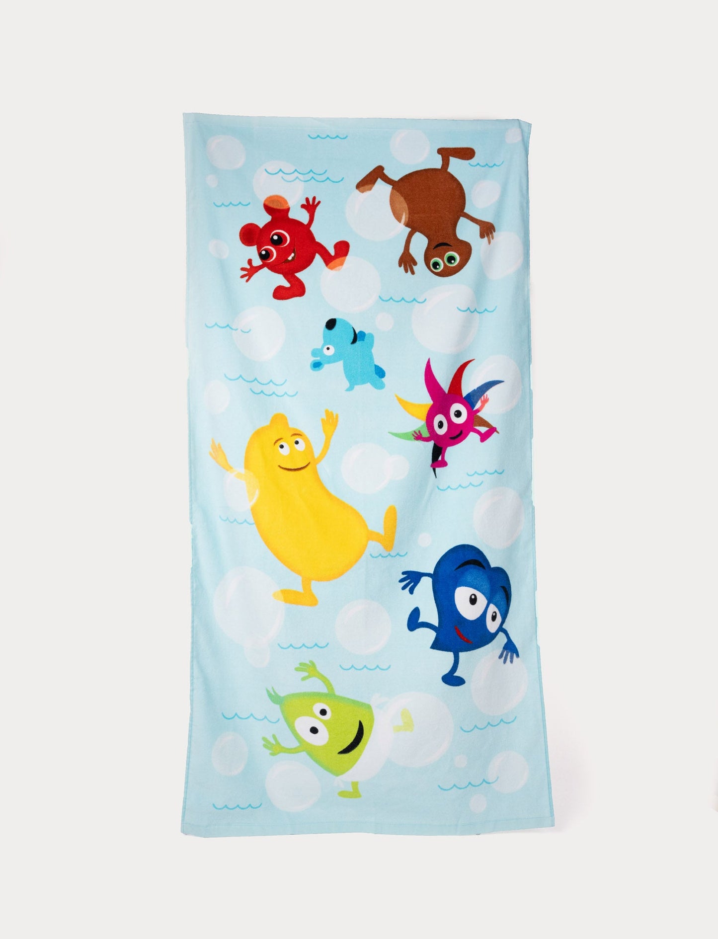 Light blue towel featuring colorful Babblarna characters floating among bubbles.