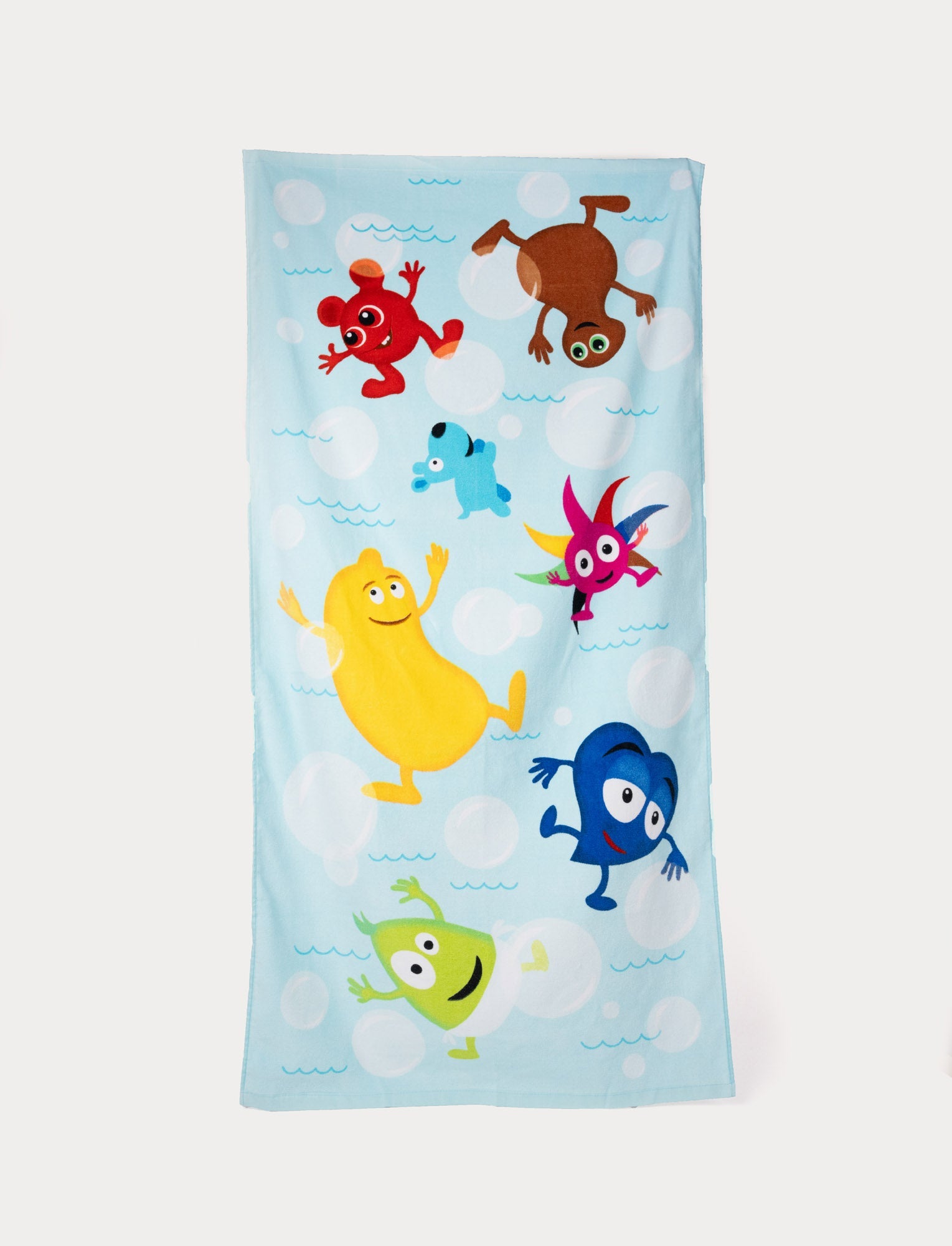  Image of Light blue towel featuring colorful Babblarna characters floating among bubbles.