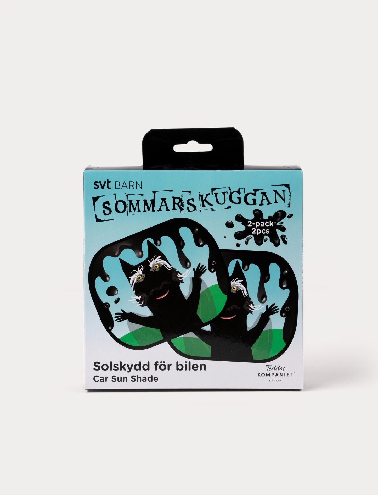 A package of Sommarskuggan car sunshades featuring the mysterious black cat character with dripping shadows.