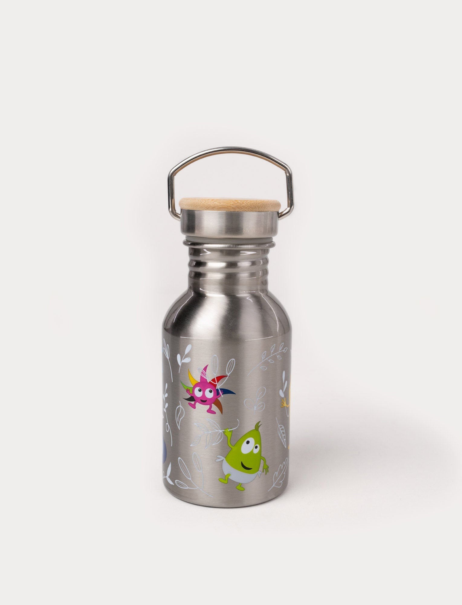  Image of Stainless steel water bottle with a wooden lid, featuring colorful Babblarna illustrations and a nature-inspired design.