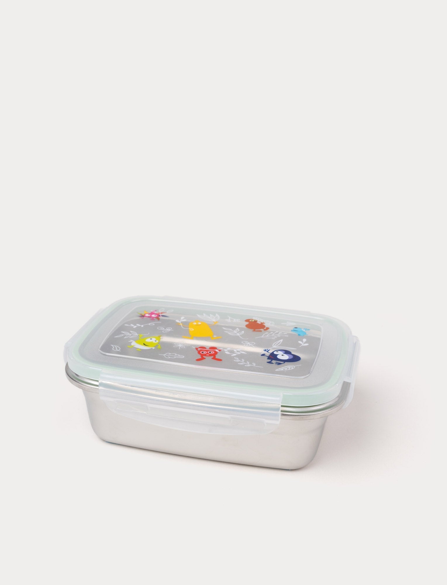  Image of Stainless steel lunch box with a transparent lid, featuring colorful Babblarna illustrations and secure side clasps.